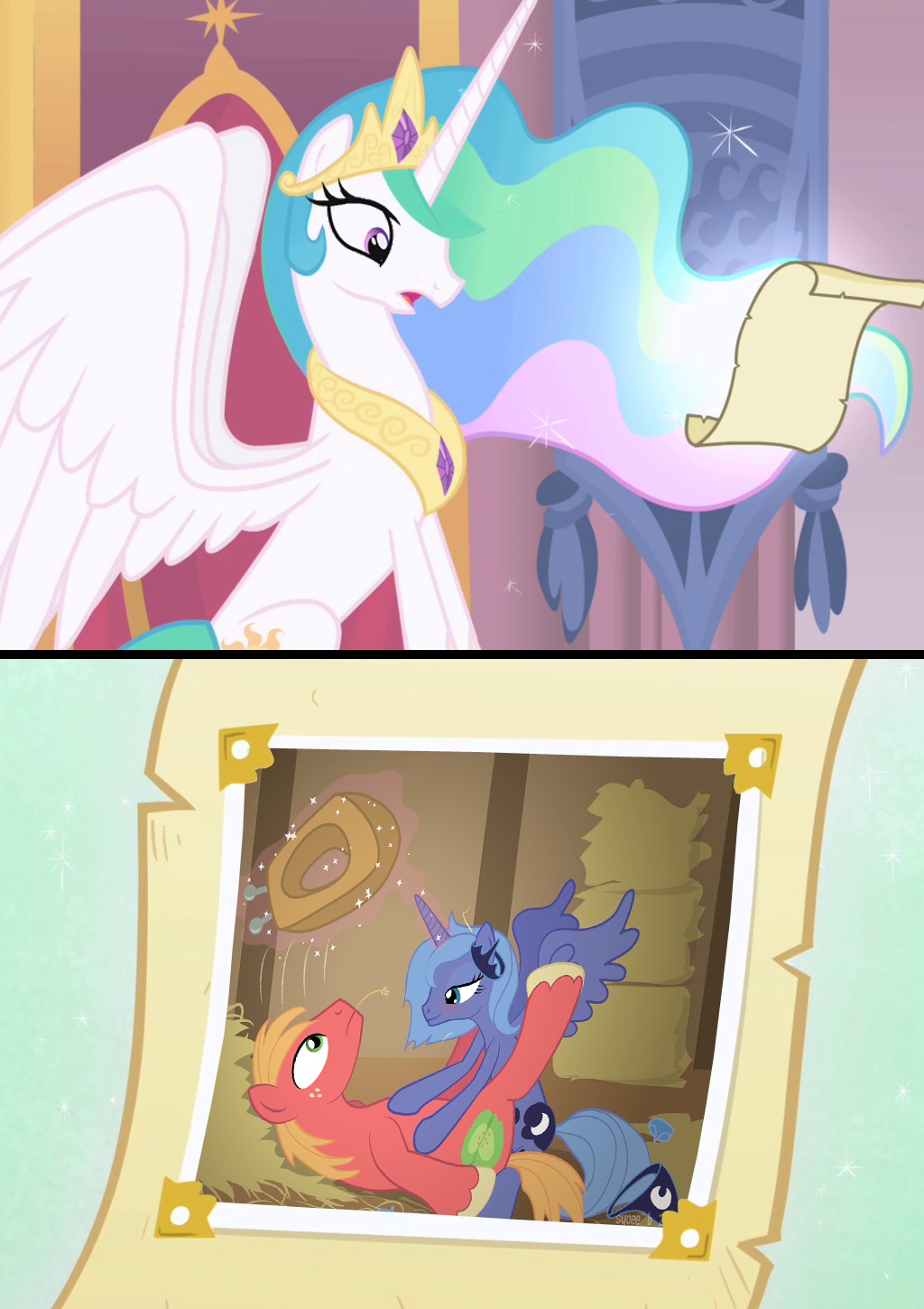 big_macintosh_(mlp) blush clothing comic crown cutie_mark duo e621 earth_pony equid equine feathered_wings feathers female feral friendship_is_magic hasbro hay headgear hi_res horn horse intraspecies male male/female mammal my_little_pony mythological_creature mythological_equine mythology plow_yoke pony princess_celestia_(mlp) princess_luna_(mlp) sex solo syoee_b tail undressing winged_unicorn wings