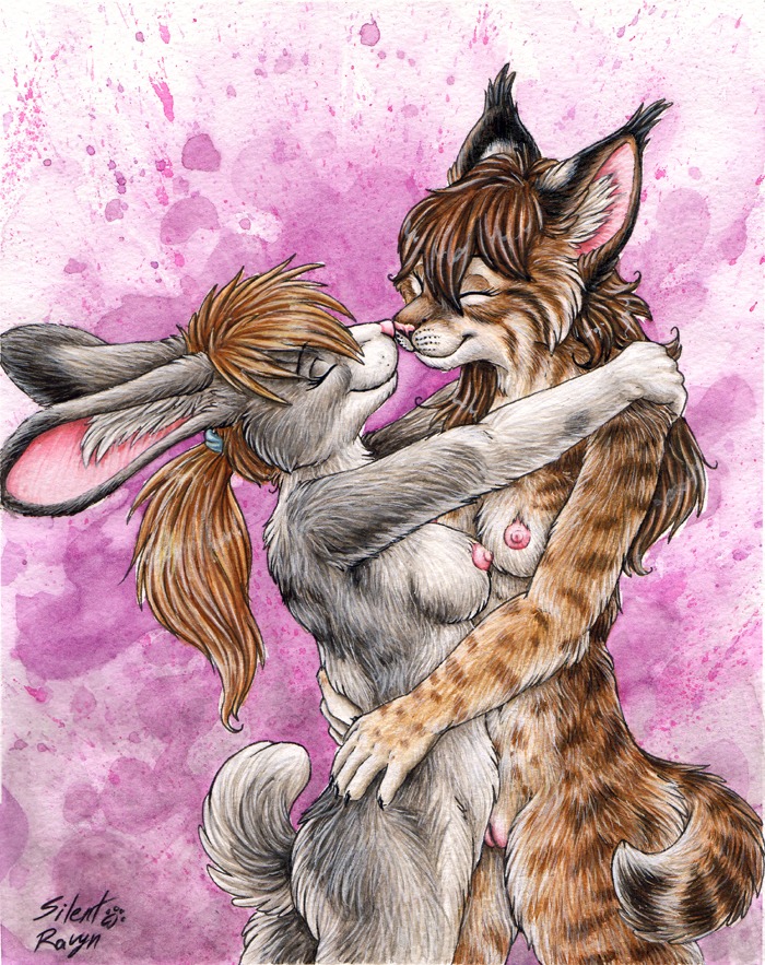 2009 abstract_background anthro anthro_on_anthro breasts brown_body brown_fur brown_hair butt duo e621 ear_tuft eyes_closed felid feline female female/female fur genitals grey_body grey_fur grey_inner_ear_fluff hair happy hug hugging_another inner_ear_fluff interspecies lagomorph leporid long_ears long_hair love lynx mammal nipples nose_to_nose nude nuzzling painting_(artwork) pink_background pink_inner_ear pink_nipples pink_nose pink_vulva ponytail predator/prey rabbit romantic romantic_ambiance signature silentravyn simple_background smile snout tail traditional_media_(artwork) traditional_painting_(artwork) traditional_watercolor_(artwork) tuft vulva watercolor_(artwork) whisker_spots white_body white_fur white_inner_ear_fluff