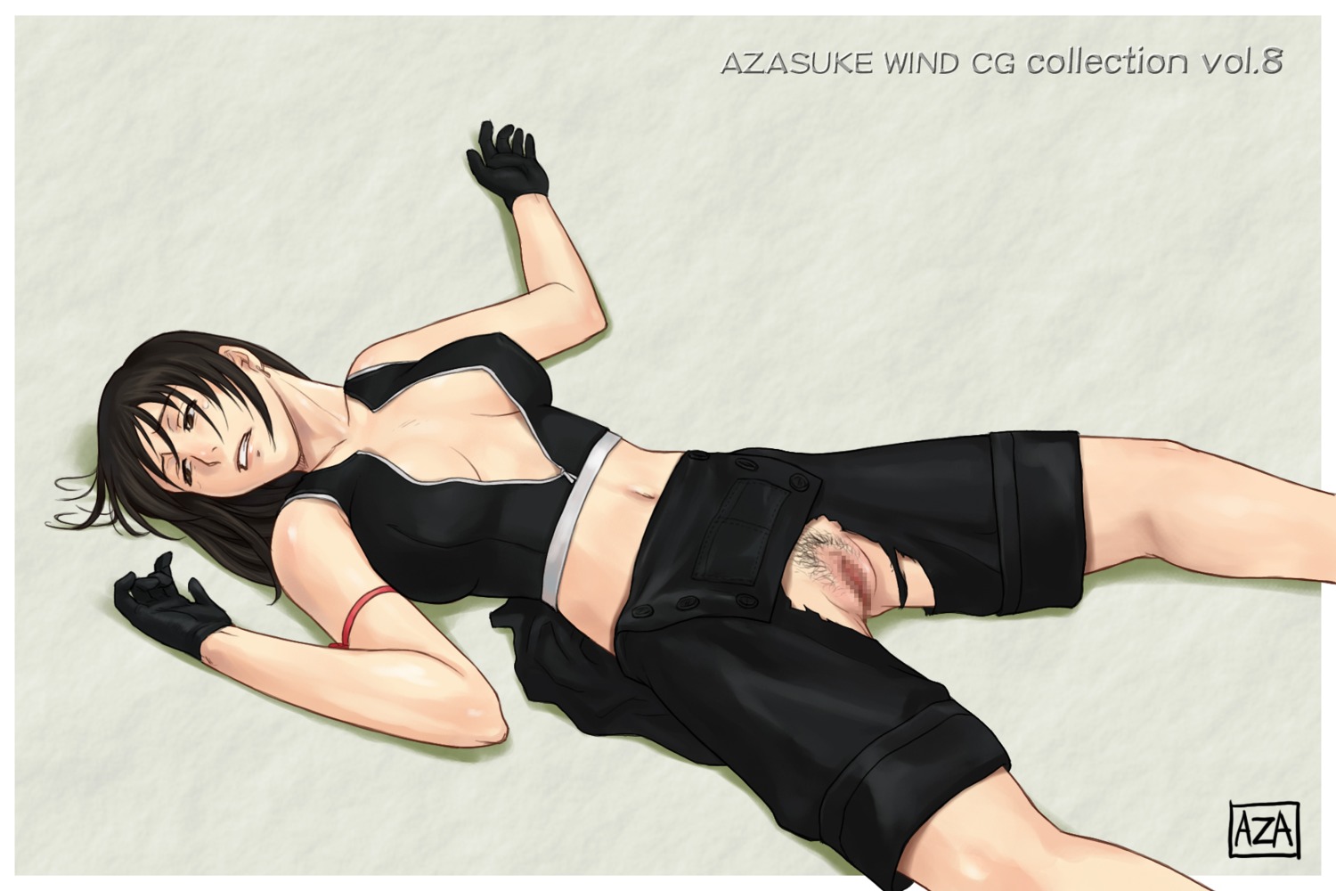 azasuke breasts brown_eyes brown_hair censored clenched_teeth erect_nipples female female_only final_fantasy final_fantasy_vii final_fantasy_vii_advent_children from_above gloves highres human long_hair lying midriff mosaic_censoring navel nipples no_bra no_panties on_back open_clothes open_shirt pubic_hair pussy rape rule34 shorts smooth_skin solo spread_legs sweat tifa_lockhart torn_clothes white_hair