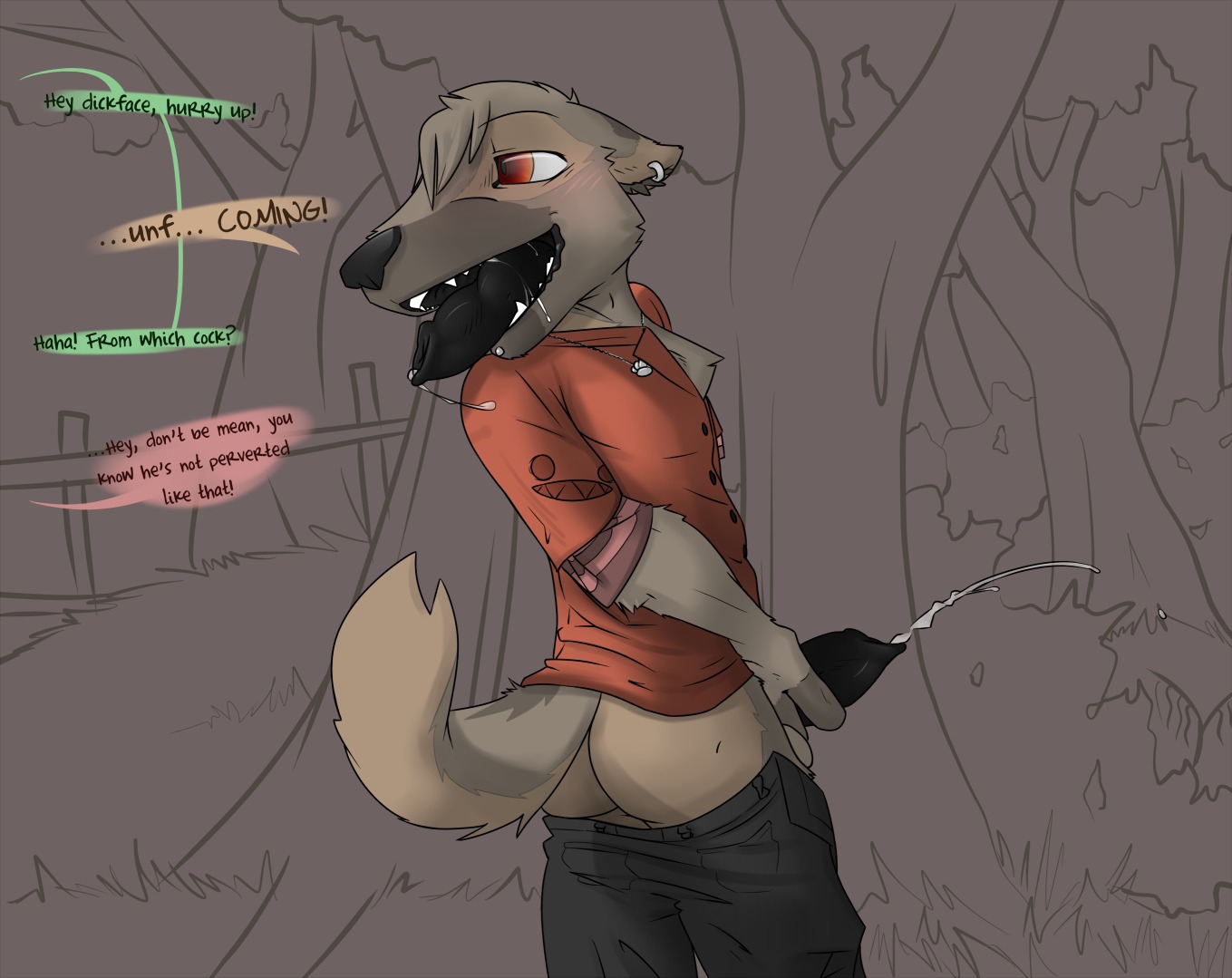 2011 animal_genitalia animal_penis anthro balls black_nose black_penis blush bodily_fluids bottomwear bottomwear_down brown_body brown_fur butt canid canine canine_genitalia canine_penis canine_penis_tongue chest_tuft clothed clothing creepy_face cum cumshot detailed_background drooling e621 ear_piercing ejaculation erection fence fur genital_fluids genitals grass half-closed_eyes holding_penis knot looking_back looking_pleasured male mammal masturbation multicolored_body multicolored_fur narrowed_eyes offscreen_character open_mouth orange_eyes orgasm outside pants pants_down partially_clothed penile penile_masturbation penis penis_tongue piercing plant precum precum_string restricted_palette saliva shirt solo syynx syynx_(character) tail tan_body tan_fur teeth tongue tongue_out topwear tree tuft two_tone_body two_tone_fur unusual_anatomy unusual_genitalia_placement unusual_penis_placement what