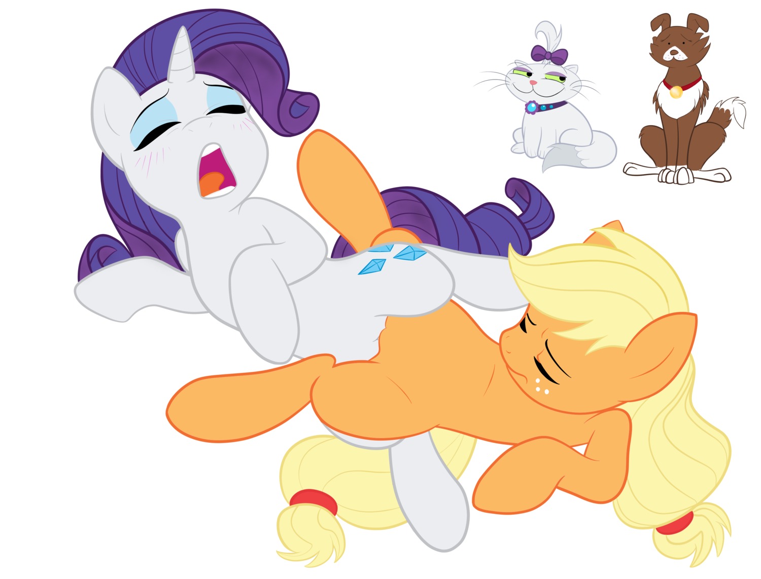 absurd_res applejack_(mlp) barely_visible_genitalia barely_visible_vulva blue_eyeshadow blush canid canine canis digital_media_(artwork) domestic_cat domestic_dog e621 earth_pony equid equine eyes_closed eyeshadow felid feline felis female female/female feral friendship_is_magic fur genitals group hasbro hi_res horn horse intraspecies makeup mammal megasweet my_little_pony mythological_creature mythological_equine mythology opalescence_(mlp) orange_body orange_fur pony quadruped rarity_(mlp) sex simple_background tail tribadism unicorn vaginal vulva white_background white_body white_fur winona_(mlp)