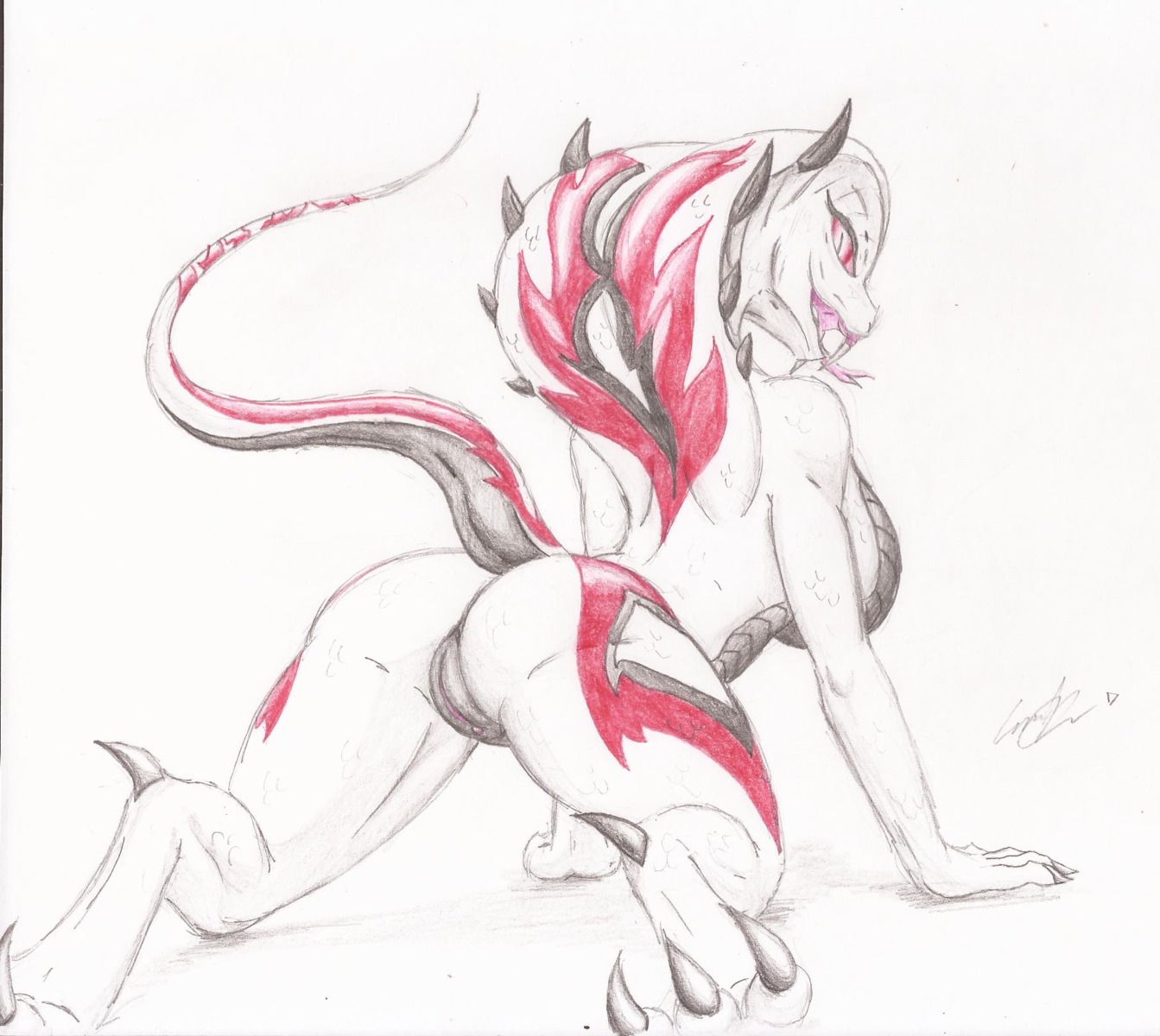 all_fours anthro breasts butt claws cobra e621 fangs female forked_tongue genitals hi_res looking_back non-mammal_breasts presenting presenting_hindquarters pupils raised_tail red_eyes reptile scalie side_boob simple_background slit_pupils snake snake_hood solo t3gray tail teeth toe_claws tongue tongue_out traditional_media_(artwork) vulva white_background