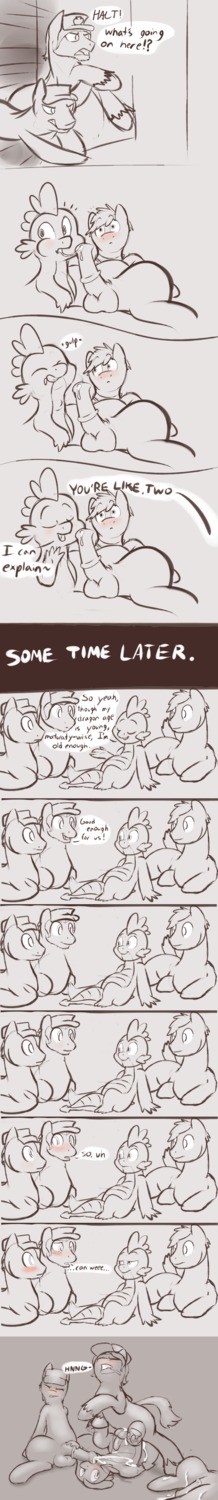 after_sex anal anal_sex blush braeburned caught cum cum_in_mouth dialogue dragon english_text equine friendship_is_magic gay hat headgear high_resolution horse male male_only my_little_pony penetration penis pony rule34 scalie smooth_skin spike_(mlp) swallowing text threesome young