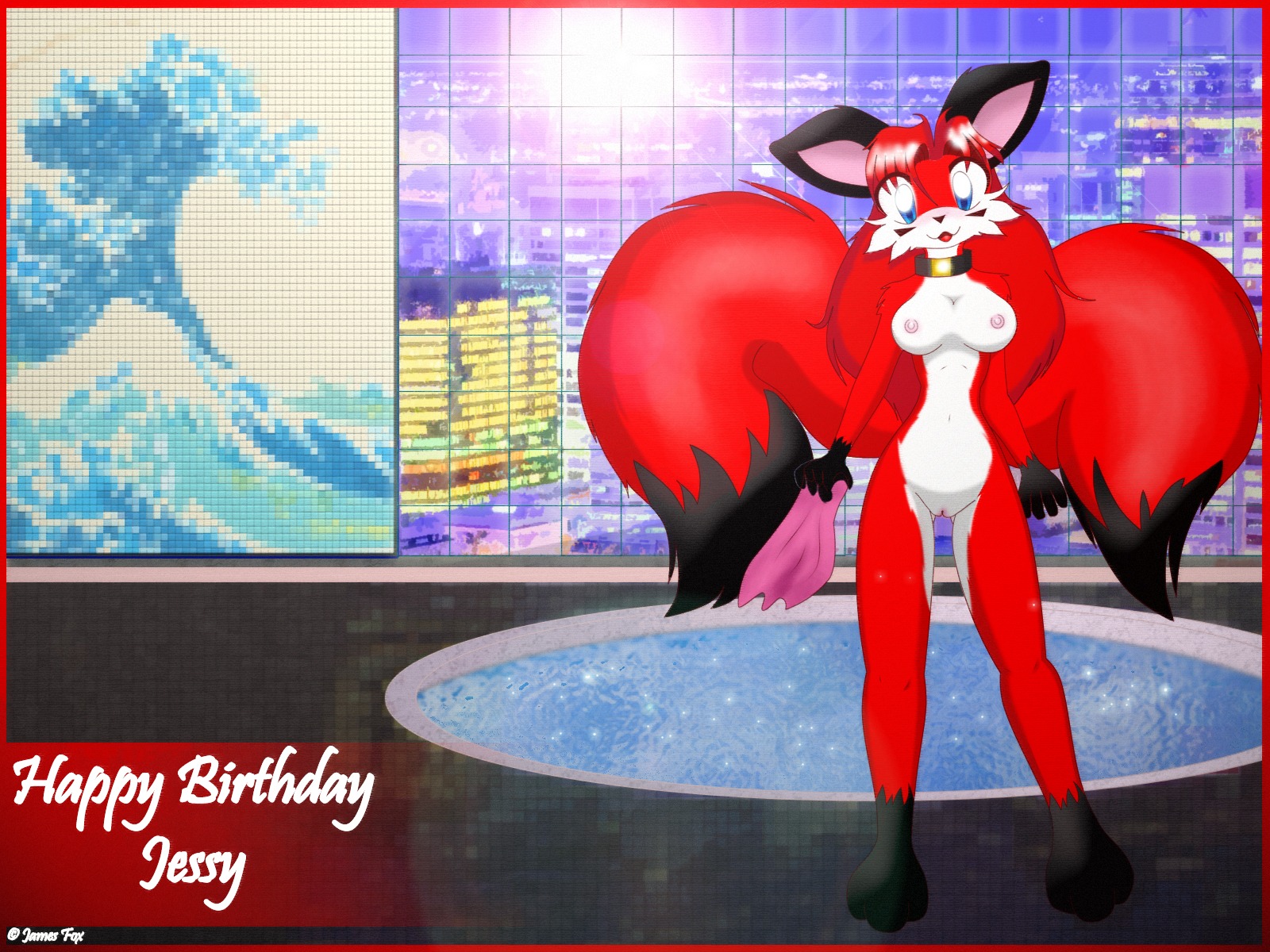 4:3 anthro blush breasts canid canine collar digital_media_(artwork) e621 female fox fur genitals hair hi_res jamesfoxbr jessy_figthers looking_at_viewer mammal multi_tail nipples nude red_body red_fur red_hair shaded solo tail vulva