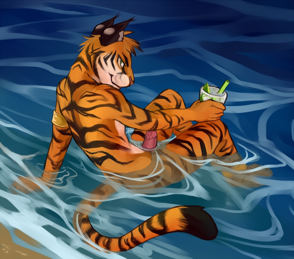 alcohol anthro beverage demicoeur digital_media_(artwork) e621 erection felid food genitals letigre looking_at_viewer looking_back male mammal nude pantherine penile_spines penis solo stripes tail tiger water