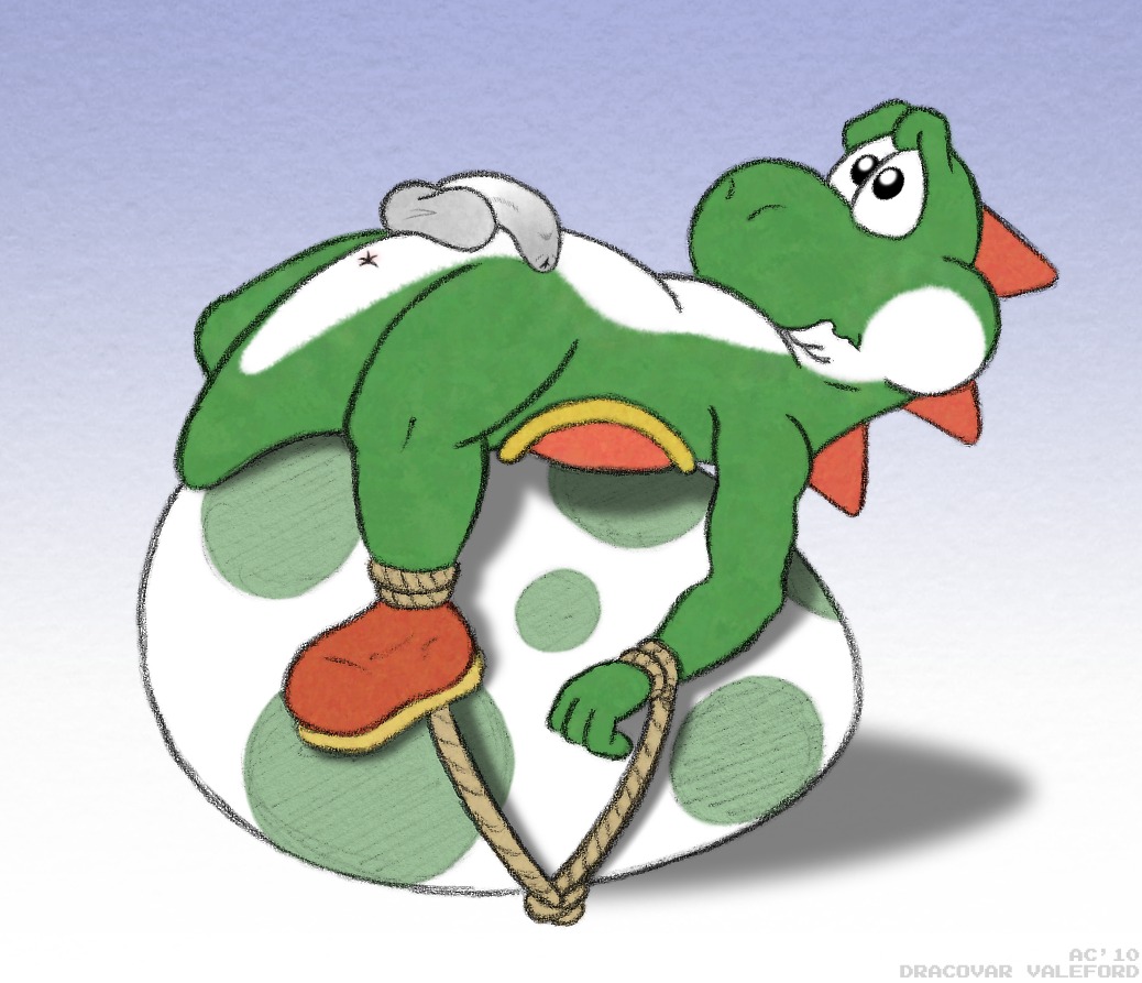 anthro anus balls bdsm biped bondage bound clothing dinosaur dracovar_valeford e621 egg flaccid footwear foreskin genitals green_yoshi humanoid_genitalia humanoid_penis male mario_bros nintendo non-mammal_balls penis prehistoric_species reptile rope scalie scared shoes solo submissive submissive_male tail tail_anus tailbutt thick_tail yoshi yoshi_egg