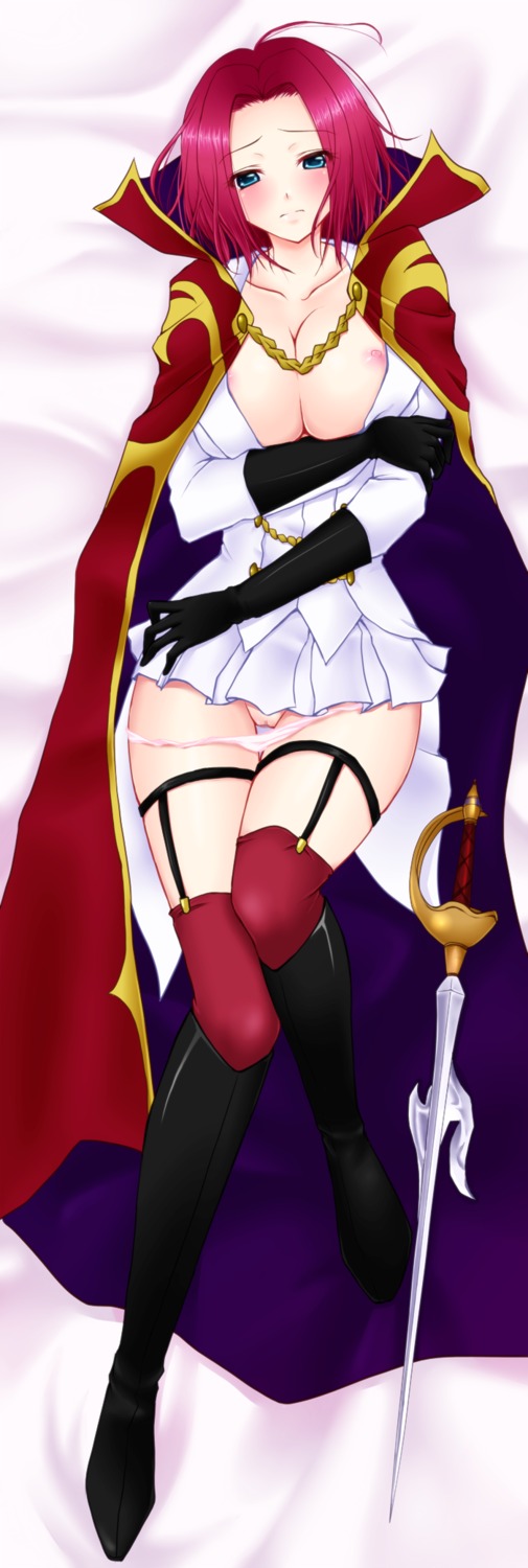 blue_eyes blush breasts cape censored cloak code_geass female gloves highres kallen_stadtfeld kneehighs long_hair long_image lying military military_uniform mizusawa_calm nipples panties panties_down panty_pull pink_panties pussy red_hair rule34 solo sword tall_image underwear uniform weapon