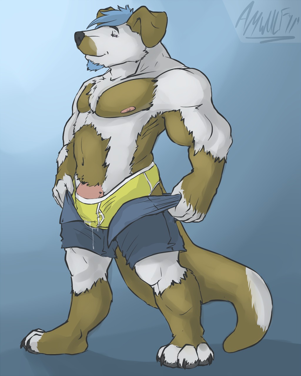 4:5 amwulf anthro bodily_fluids bottomwear briefs bulge canid canine canis clothed clothing domestic_dog dripping e621 flaccid genital_fluids genitals hi_res hybrid kangaroo looking_at_viewer macropod male mammal marsupial muscular muscular_anthro muscular_male open_bottomwear open_clothing open_pants pants penis penis_base precum shorts solo tail topless underwear undressing yellow_briefs yellow_clothing yellow_underwear