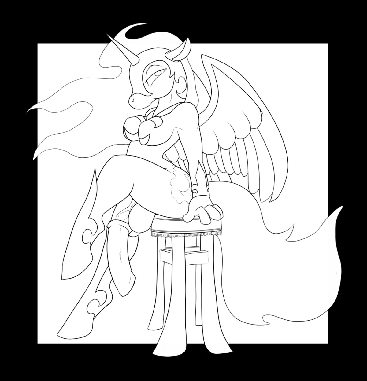 2011 animal_genitalia animal_penis anthro anthrofied balls bloo breasts cutie_mark e621 equid equine equine_genitalia equine_penis feathered_wings feathers flaccid friendship_is_magic furniture genitals gynomorph hasbro hi_res horn intersex mammal monochrome my_little_pony mythological_creature mythological_equine mythology nightmare_moon_(mlp) penis solo stool tail winged_unicorn wings