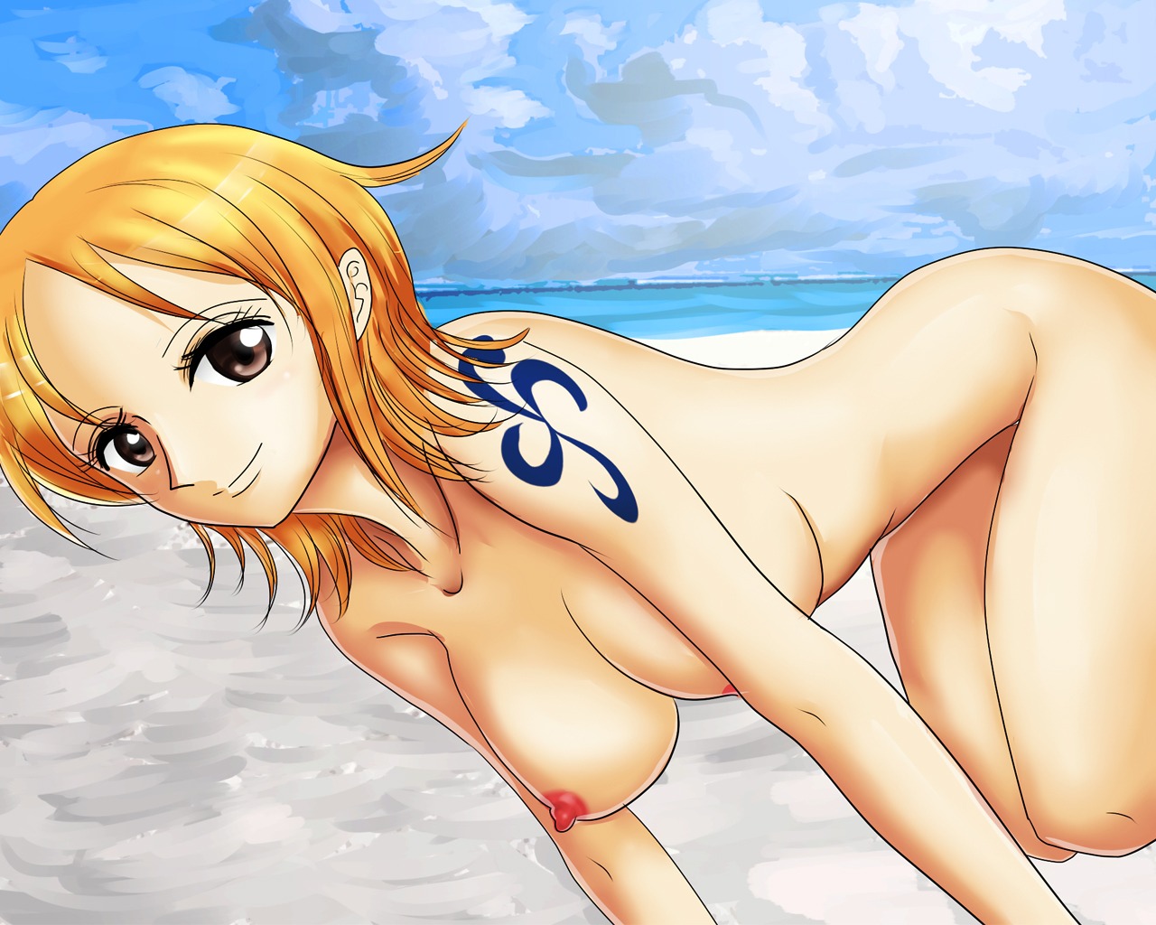 1girls arm_tattoo asymmetrical_breasts beach blue_tattoo breasts brown_eyes female female_only nami_(one_piece) nipples nude one_piece orange-haired_female orange_hair pre-timeskip rule34 smile tansoku102cm tattoo tattoo_on_arm tattooed_arm undressing