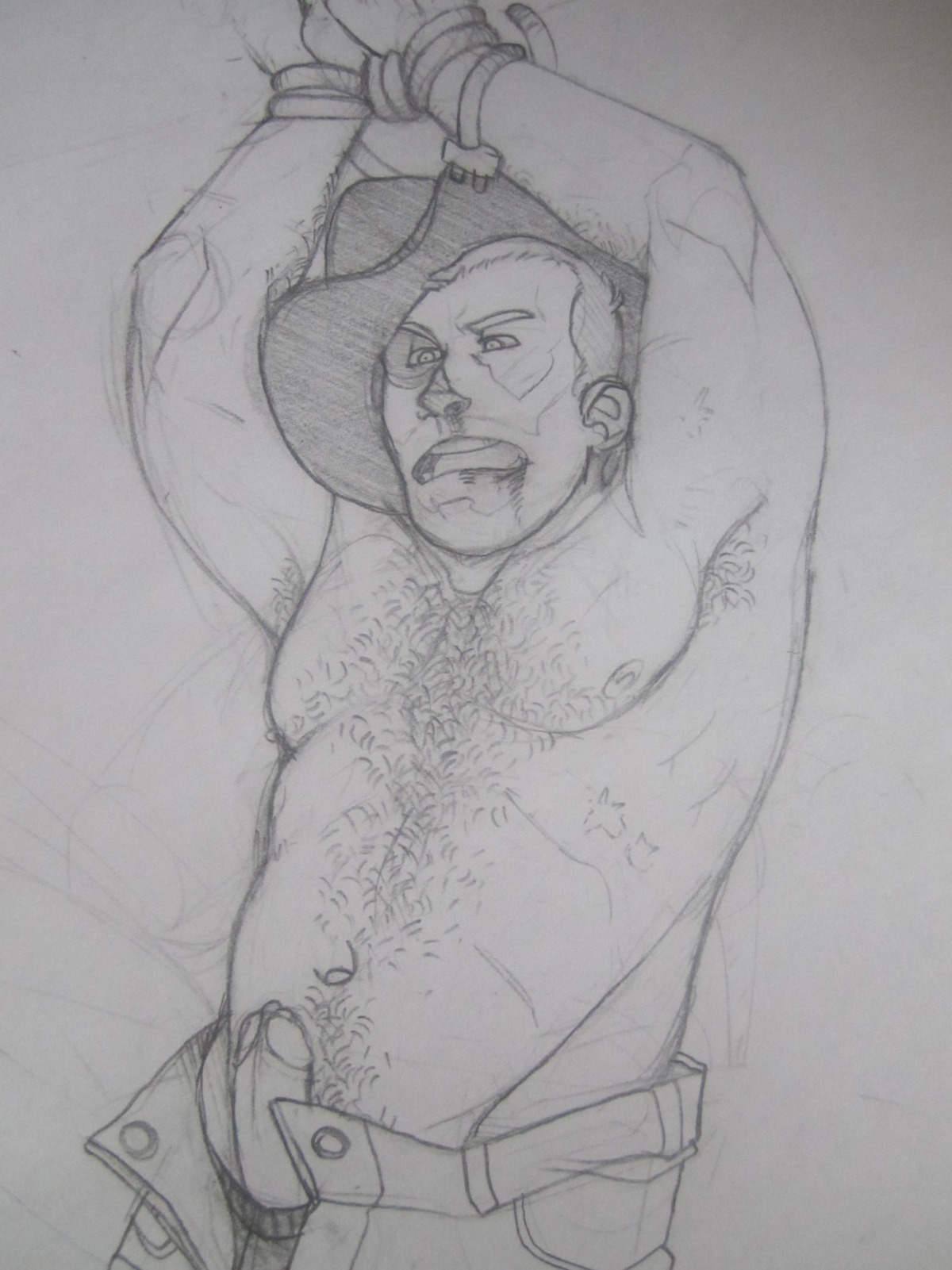 1boy andy_wilson beat_up black_eye bondage bound_wrists cock cowboy_hat dick electrical_cord engineer_(team_fortress_2) erect_nipples erection exposed_penis foreskin gay grey_background greyscale male male_only nipples open_fly pencil_(artwork) penis penis_out precum precum_bubble restrained retracted_foreskin rule34 sketch solo solo_male team_fortress_2 uncircumcised yaoi