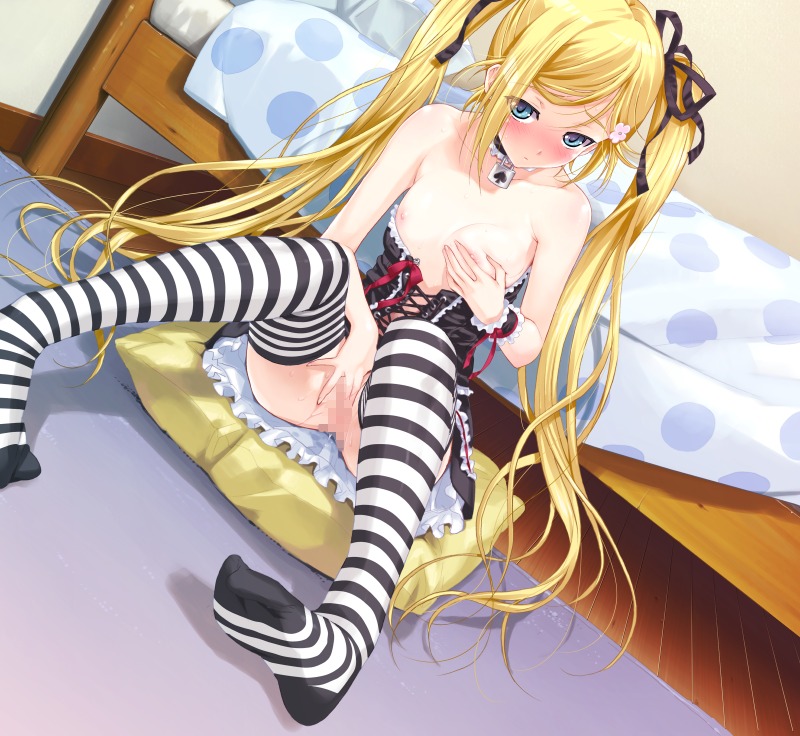 1girls bed blonde_hair blue_eyes blush breast_grab breast_hold breasts censored choker collar corset feet female female_masturbation female_only fingering flat_chest frills game_cg gothic_lolita hair_ribbon happoubi_jin kanojo_x_kanojo_x_kanojo lock lolita_fashion long_hair masturbation mosaic_censoring nipples no_panties orifushi_mafuyu pussy ribbon rule34 self_fondle sitting solo striped striped_legwear striped_thighhighs thighhighs tied_hair twintails vaginal_masturbation wrist_cuffs
