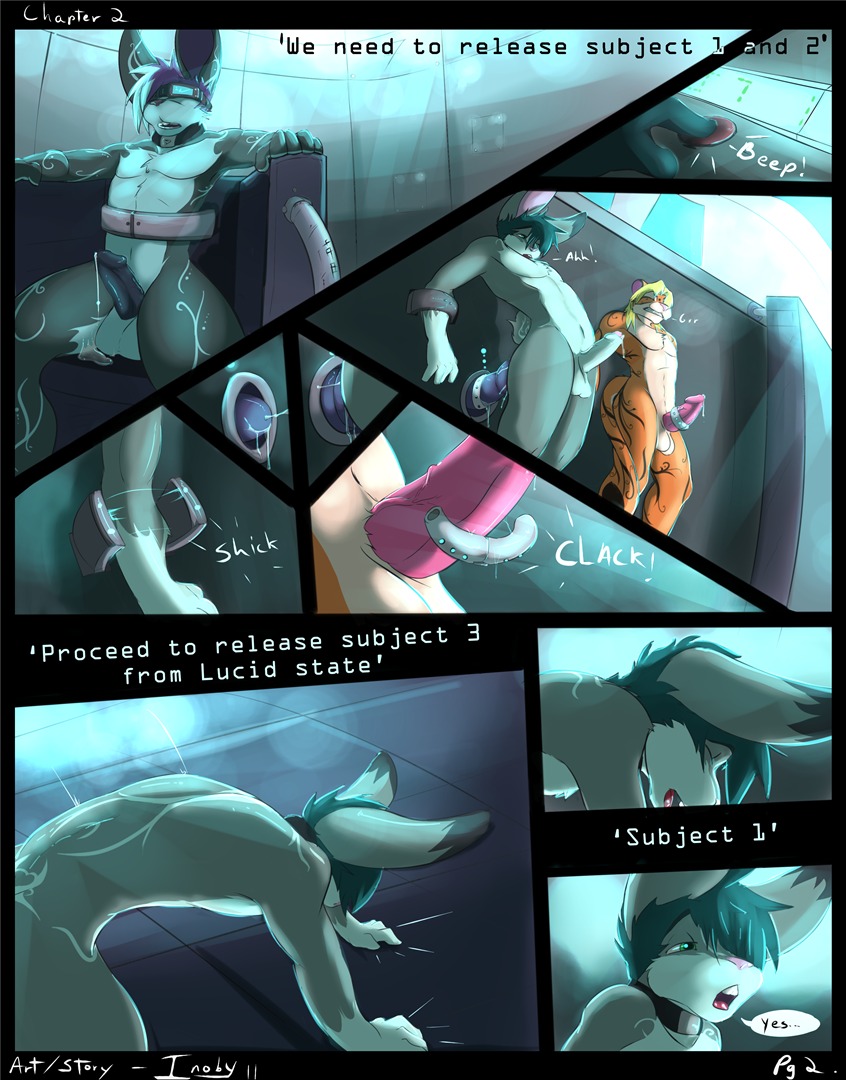 5_fingers anthro ardel bdsm blonde_hair blue_hair bondage bound collar comic dialogue dominant dominant_male dripping duo e621 english_text erection eyewear felid fingers fur genitals goggles green_eyes green_hair grey_body grey_ears grey_fur grey_tail hair inoby inoby_(character) lagomorph leporid male male/male mammal multiple_scenes orion_(inoby) pantherine penis presenting presenting_balls presenting_penis rabbit red_tongue shatter submissive submissive_male tail teeth text tiger tongue