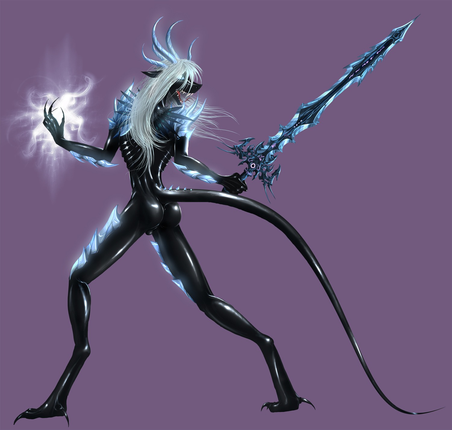 2014 4_fingers action_pose alien angry anthro anus backsack balls biomechanical biped black_anus black_balls black_body black_claws black_tail blue_eyes blue_horn butt claws crystal e621 energy_ball fangs femboy fingers genitals glowing hair hi_res horn long_hair long_legs long_tail magic magic_user male melee_weapon multi_horn open_mouth pose purple_background ribs selker selker_ari sharp_teeth simple_background sitrah solo spell spellcasting standing sword tail teeth toe_claws tongue weapon white_hair