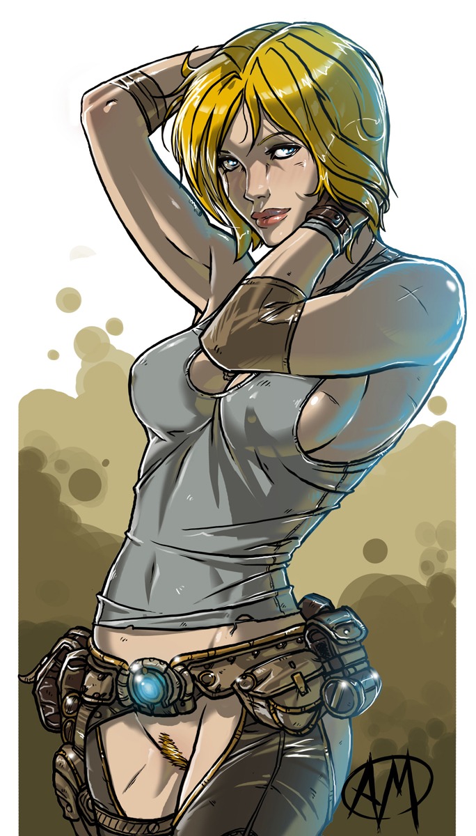 1girls anya_stroud belt blonde_hair chaps crotchless exposed_pussy female female_only female_pubic_hair ganassa gears_of_war human pubic_hair pussy rule34 short_hair solo solo_female standing tagme tank_top