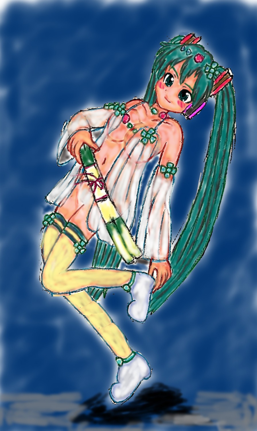 1girl breasts detached_sleeves female green_eyes green_hair hatsune_miku long_hair medium_breasts musoisan rule34 see-through smile solo spring_onion tagme thighhighs twintails very_long_hair vocaloid