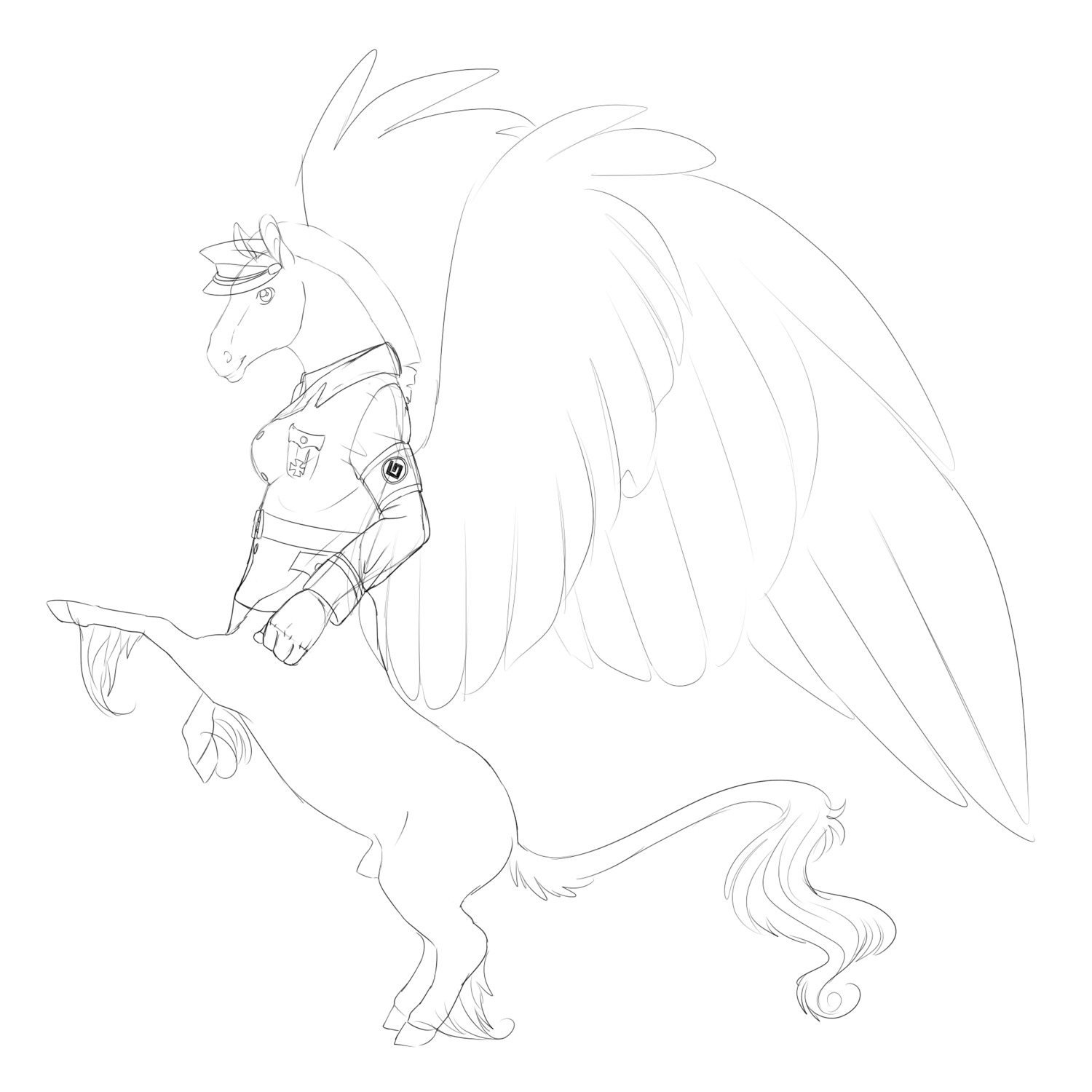 1:1 animal_genitalia belt black_and_white breasts christian_cross christian_symbol christianity clothing cross e621 equid equine feathered_wings feathers genitals gynomorph hat headgear headwear hi_res hooves intersex jacket looking_at_viewer maltese_cross mammal military monochrome mythological_creature mythological_equine mythology on_hind_legs pegasus popcornkitten quadruped religion religious_symbol sheath simple_background sketch solo stripes tail taur topwear unfinished uniform white_background wings zebra