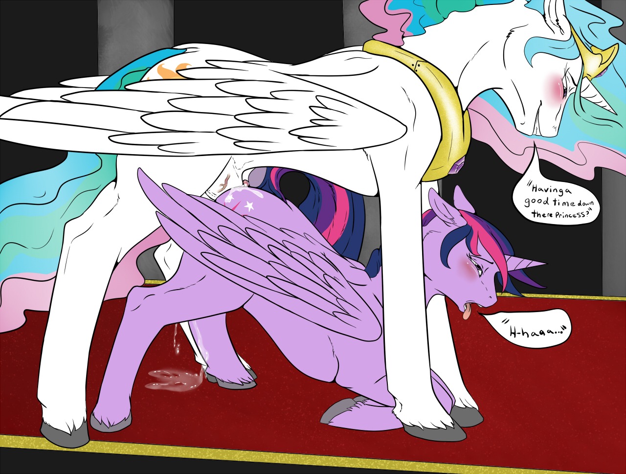 2014 anal anal_penetration animal_genitalia animal_penis backlash91 balls blue_hair blush bodily_fluids collar conditional_dnp crown cutie_mark dialogue digital_media_(artwork) dripping duo e621 english_text equid equine equine_genitalia equine_penis erection feathered_wings feathers female female_penetrated feral feral_on_feral friendship_is_magic fur genital_fluids genitals gynomorph gynomorph/female gynomorph_penetrating gynomorph_penetrating_female hair hasbro headgear hooves horn inside intersex intersex/female intersex_penetrating intersex_penetrating_female jewelry mammal multicolored_hair my_little_pony mythological_creature mythological_equine mythology nude open_mouth penetration penis princess_celestia_(mlp) purple_body purple_eyes purple_fur purple_hair sex smile submissive text tiara tongue tongue_out twilight_sparkle_(mlp) two_tone_hair vaginal_fluids white_body white_fur winged_unicorn wings