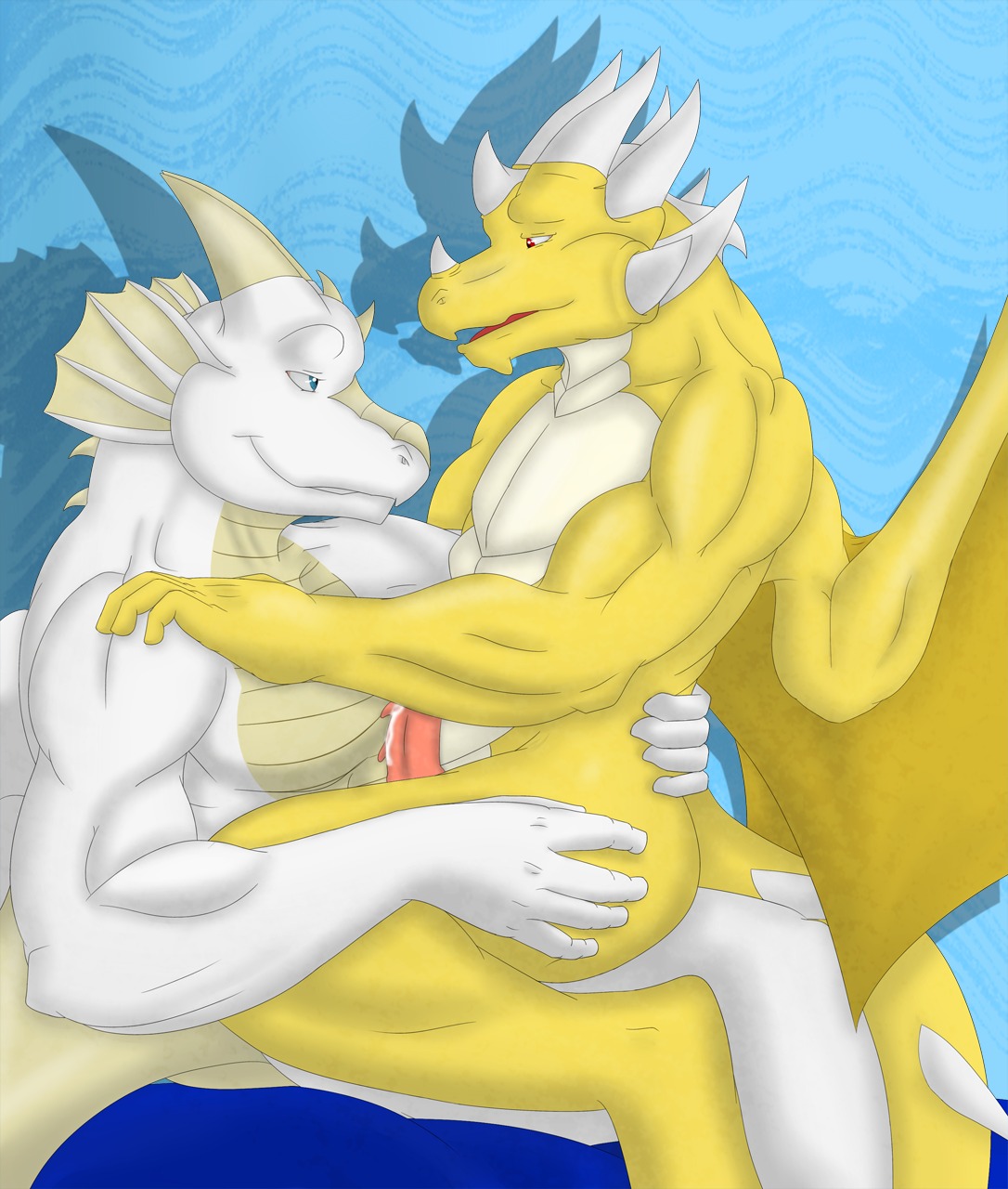 2012 abs altoryu anal anal_penetration anthro anthro_on_anthro athletic biceps big_muscles blue_eyes bodily_fluids butt cum cum_on_penis dragon duo e621 erection european_mythology eye_contact from_front_position genital_fluids genitals grey_body grey_skin hand_on_butt hand_on_shoulder hi_res horn hug kairyu211 leaking loid_zhander_(character) looking_at_another male male/male male_on_bottom male_on_top male_penetrated male_penetrating male_penetrating_male mastery_position membrane_(anatomy) membranous_wings muscular muscular_male mythological_creature mythological_scalie mythology nude on_bottom on_lap on_top pecs penetration penile_spines penis red_eyes romantic romantic_couple scales scalie sex side_view sitting sitting_on_lap straddling tail torso_grab western_dragon white_body wings yellow_body yellow_horn yellow_skin