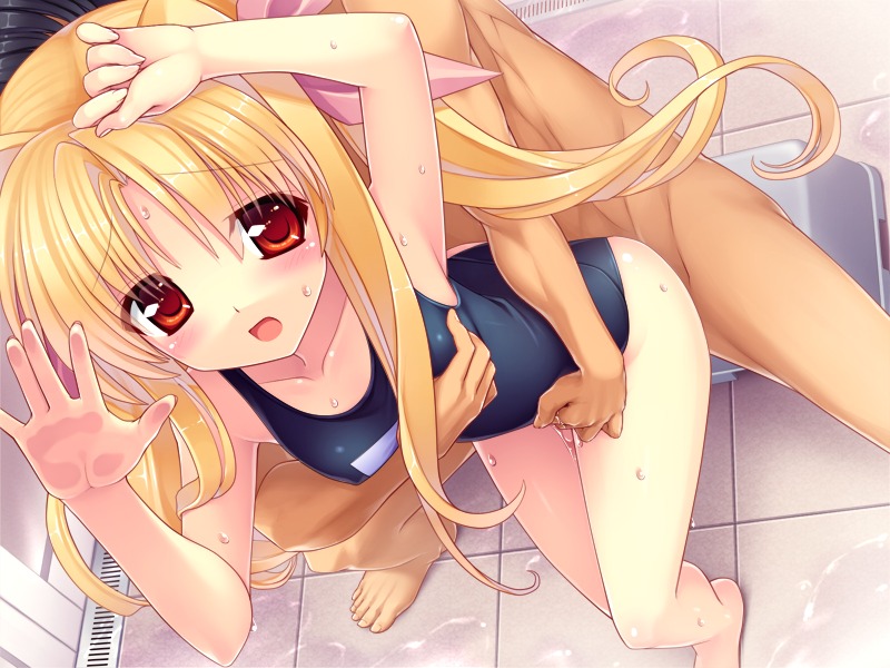 anime_style big_eyes blonde_hair fate_testarossa female fingering front_view himukai_kyousuke human long_hair lyrical_nanoha mahou_shoujo_lyrical_nanoha male open_mouth pale_skin red_eyes rule34 school_swimsuit solo_focus straight swimsuit tagme tan_skin