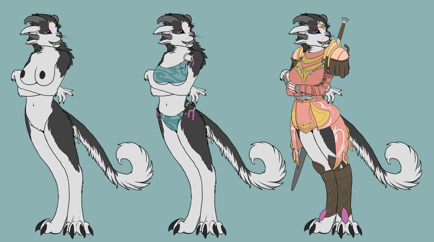 anthro anthrofied armor biped black_nipples bleuhawke breasts charr claws clothed clothing crown e621 felid female genitals guild_wars headgear hi_res horn jewelry mammal melee_weapon nipples nude skimpy smile solo standing sword teeth tiara toe_claws vulva weapon