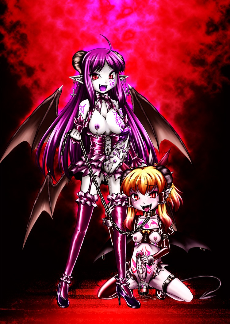 2futas blonde_hair bowtie breasts chain clothes collar color cross dildo ear_piercing erection fangs footwear front_view futa_sans_balls futanari grey_skin hair hand_on_head handjob high_heels holding horns insertion intersex kneeling long_hair looking_at_viewer masturbation nipple_piercing nipples open_eyes open_mouth penis penis_piercing piercing pointy_ears precum purple_hair pussy pussy_juice red_eyes rule34 saliva sex_toy shoes slit_pupils smile spade_tail standing sunny_milk tail tattoo thighhighs tongue touhou vaginal_insertion vulva wing_piercing wings yuzu_momo