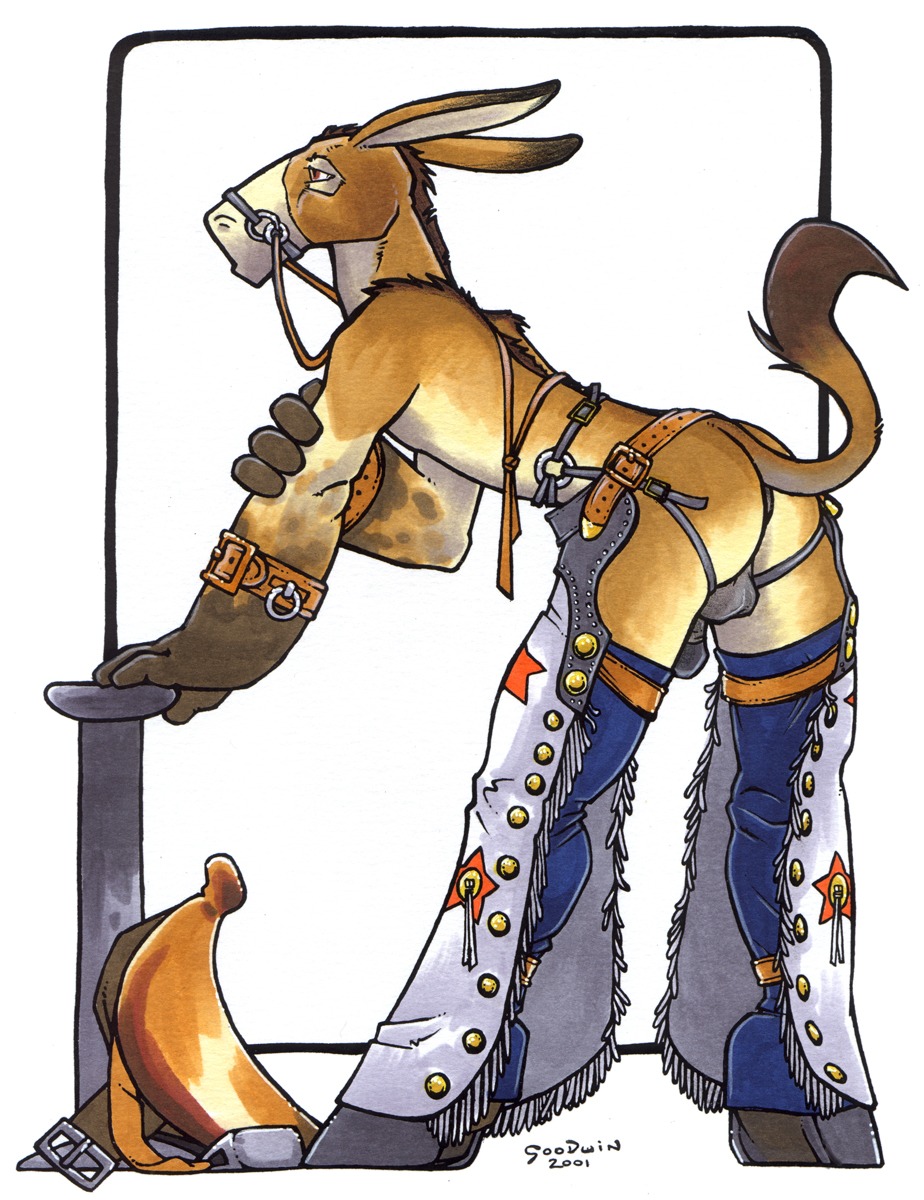 2001 anthro asinus backsack balls bottomless bridle butt chris_goodwin clothed clothing donkey e621 equid equine flaccid genitals hi_res hooves leather male mammal penis reins saddle solo tail topless