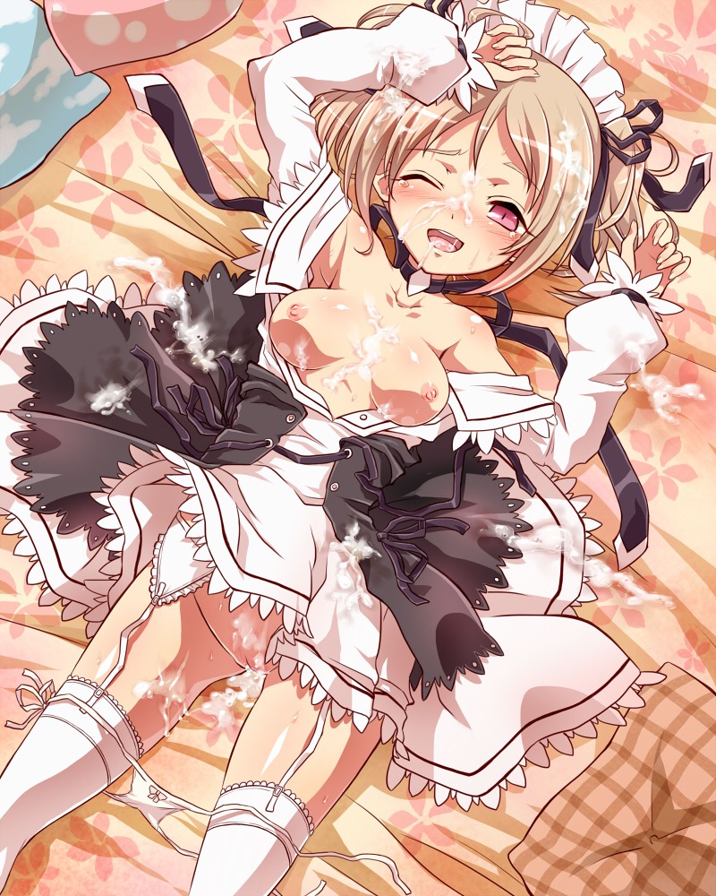 1girls after_sex annerose_redrum arainobu blush breasts brown_hair bukkake cum cum_on_body cum_on_breasts cum_on_upper_body dress facial female garter_straps lying open_mouth original pink_eyes rule34 shiny shiny_skin solo sweat thighhighs white_legwear