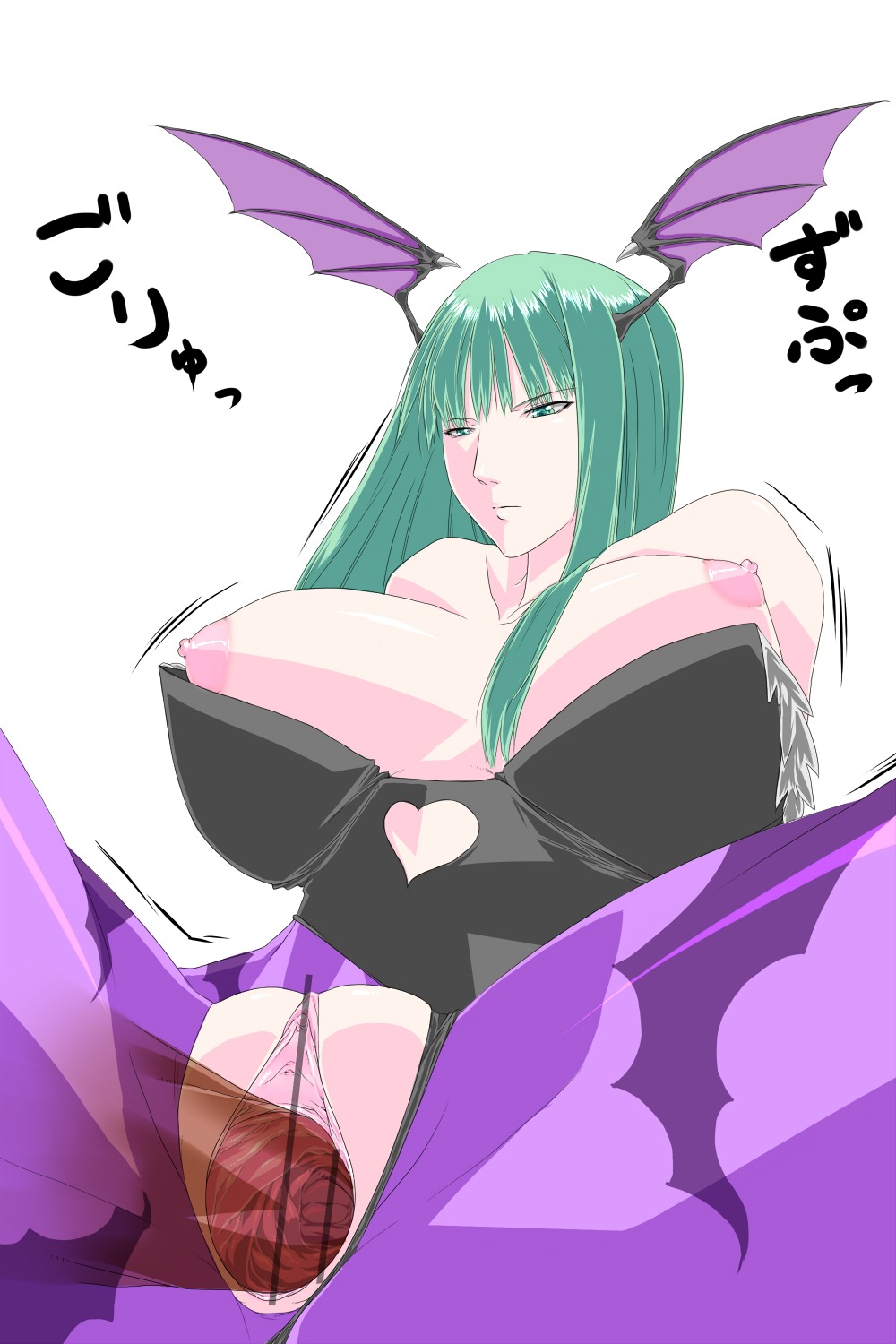 aqua_hair breasts censored clothed_sex clothing darkstalkers demon demon_girl female head_wings headwings highres huge_breasts large_breasts morrigan_aensland nipple_slip nipples pointless_censoring rule34 saikki succubus translation_request