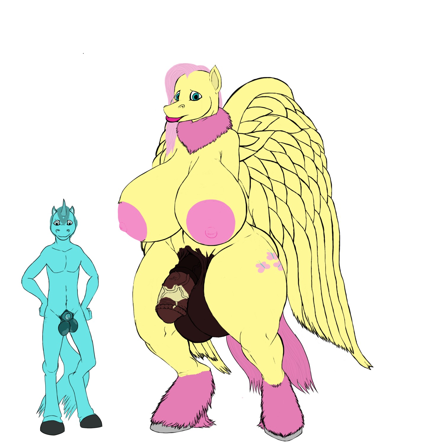 1:1 animal_genitalia anthro anthrofied balls big_balls big_breasts big_penis billyjeans22 breasts cutie_mark duo e621 equid equine feathered_wings feathers female fluttershy_(mlp) friendship_is_magic genitals gynomorph half-erect hasbro hi_res hooves horn huge_balls huge_breasts huge_penis hyper hyper_balls hyper_breasts hyper_genitalia hyper_penis intersex male mammal my_little_pony mythological_creature mythological_equine mythology nude pegasus penis penis_tip sheath simple_background size_difference unicorn wings yellow_body yellow_feathers