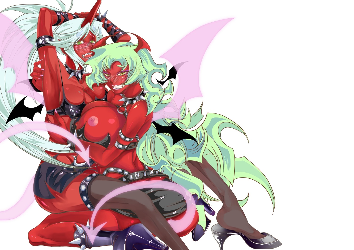 2demons demon demon_girl female glasses green_hair kneesocks_daemon panty_&amp;_stocking_with_garterbelt red_skin rule34 scanty_daemon tail wings
