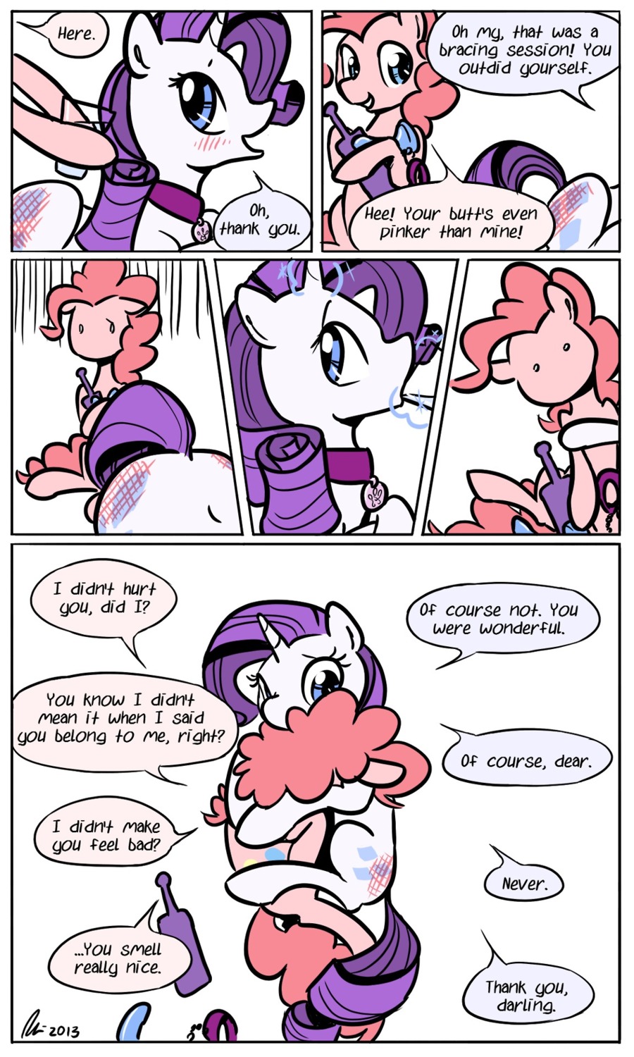 2013 3:5 aftercare bdsm blue_eyes blush collar comic cutie_mark dialogue dildo duo e621 earth_pony english_text equid equine female female/female feral friendship_is_magic fur hair hasbro hi_res horn horse hug magic mammal my_little_pony mythological_creature mythological_equine mythology paddle pink_body pink_fur pink_hair pinkie_pie_(mlp) pony purple_hair rarity_(mlp) sex_toy smile spank_marks text themanesex unicorn white_body white_fur