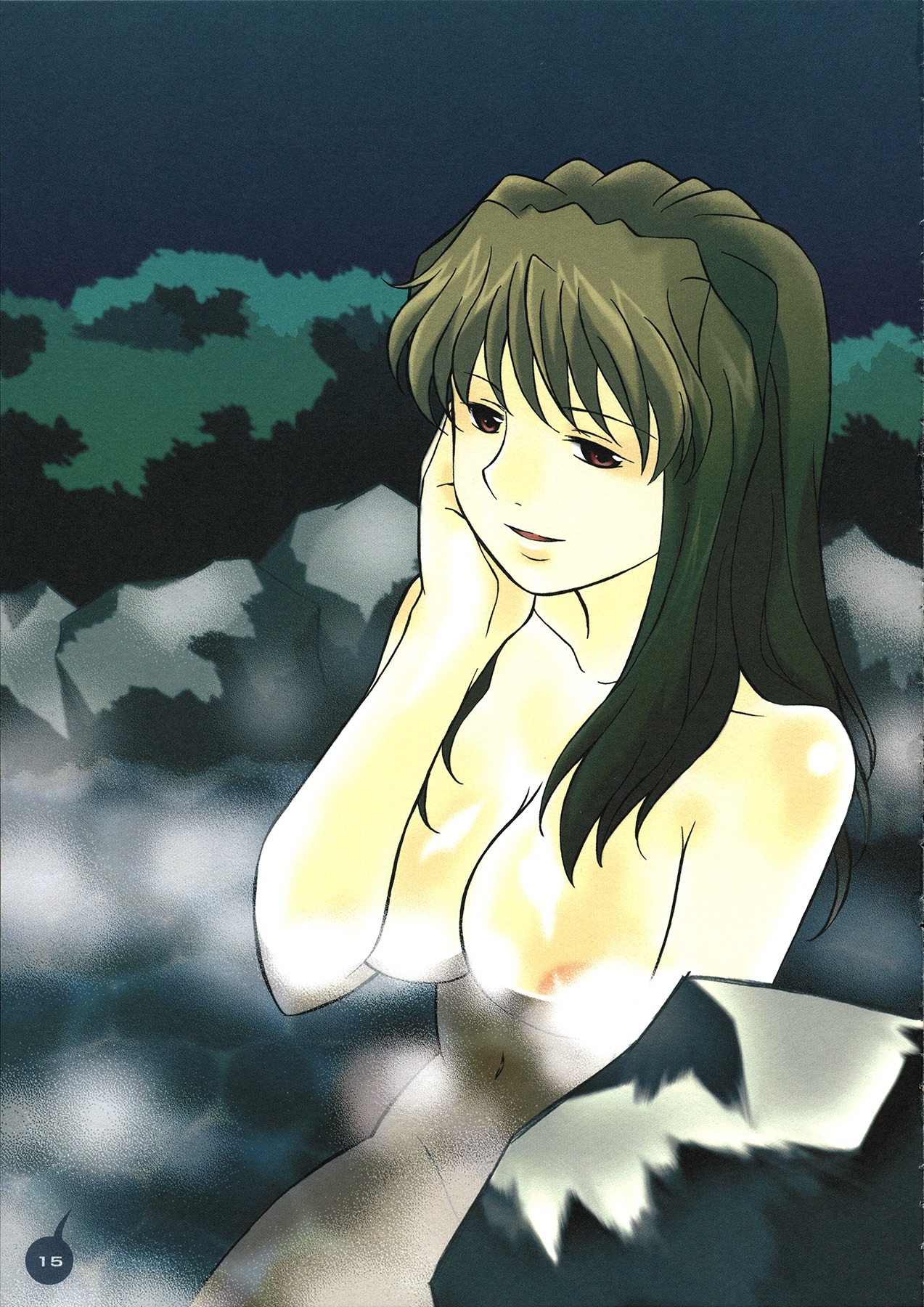 1girls areolae breasts cleavage female female_only fujino_shizuru hand_on_face hot_spring human large_breasts light-skinned_female light_skin my-hime nipples nude onsen pale_skin rule34 solo takemaru water