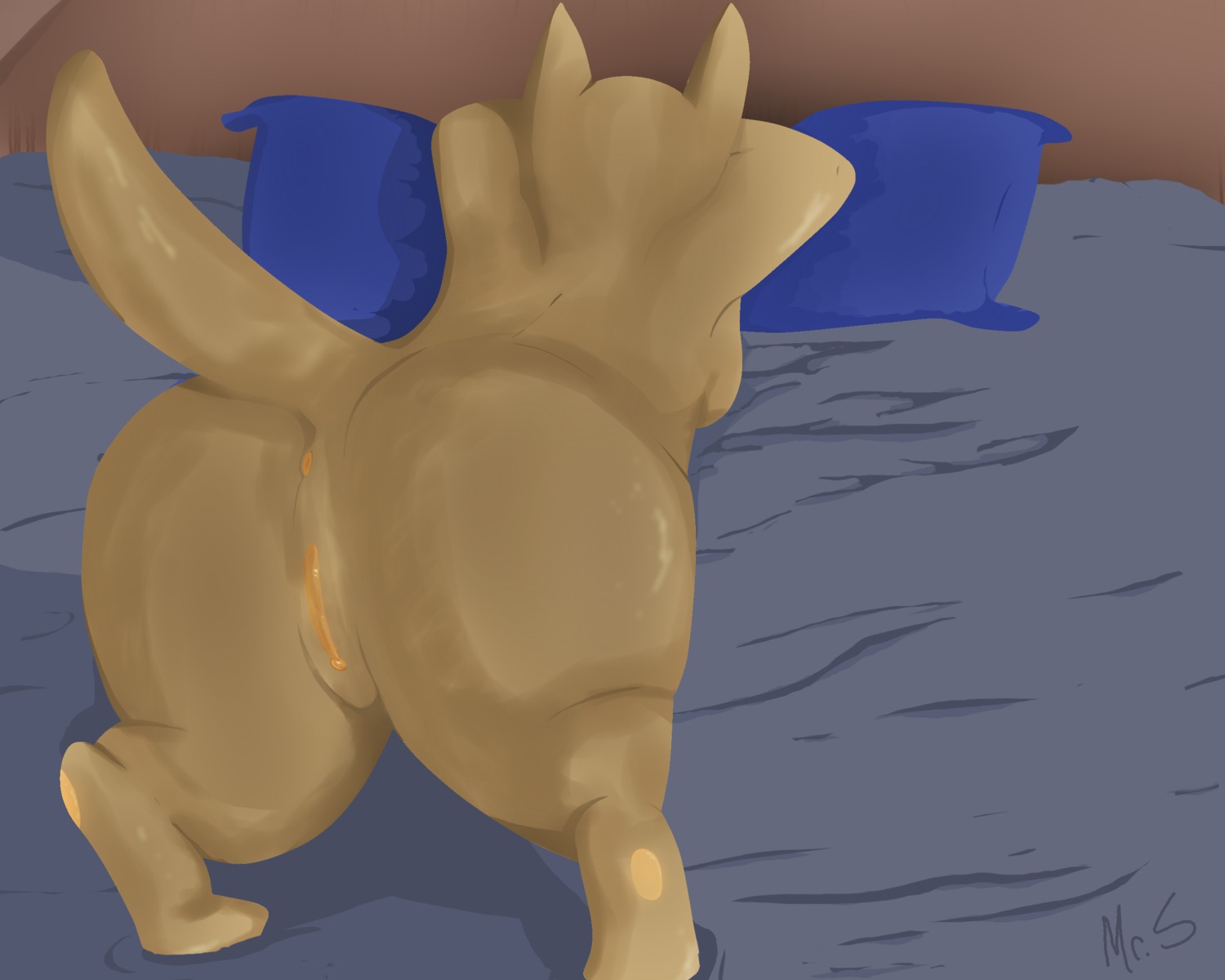 2012 5:4 anthro anus bed breasts bubble_butt butt canid canine e621 exposed female first_person_view furniture genitals hi_res mammal mr.smile nude pillow simple_background solo tail vulva young young_anthro young_female