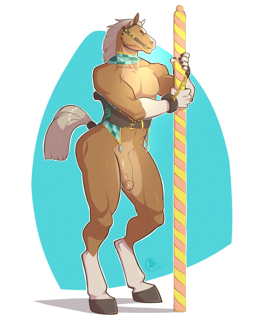 2013 4:5 abs angry anthro bdsm biceps biped bondage bound brown_body brown_fur brown_skin circumcised cuff_(restraint) e621 equid equine flaccid full-length_portrait fur genitals hair holding_fixture hooves horse humanoid_genitalia humanoid_penis looking_at_viewer male mammal muscular muscular_anthro muscular_male nipples nude pecs penis pole portrait pose presenting restraints saddle shackles short_hair solo spearfrost standing submissive submissive_male vein white_body white_hair white_skin