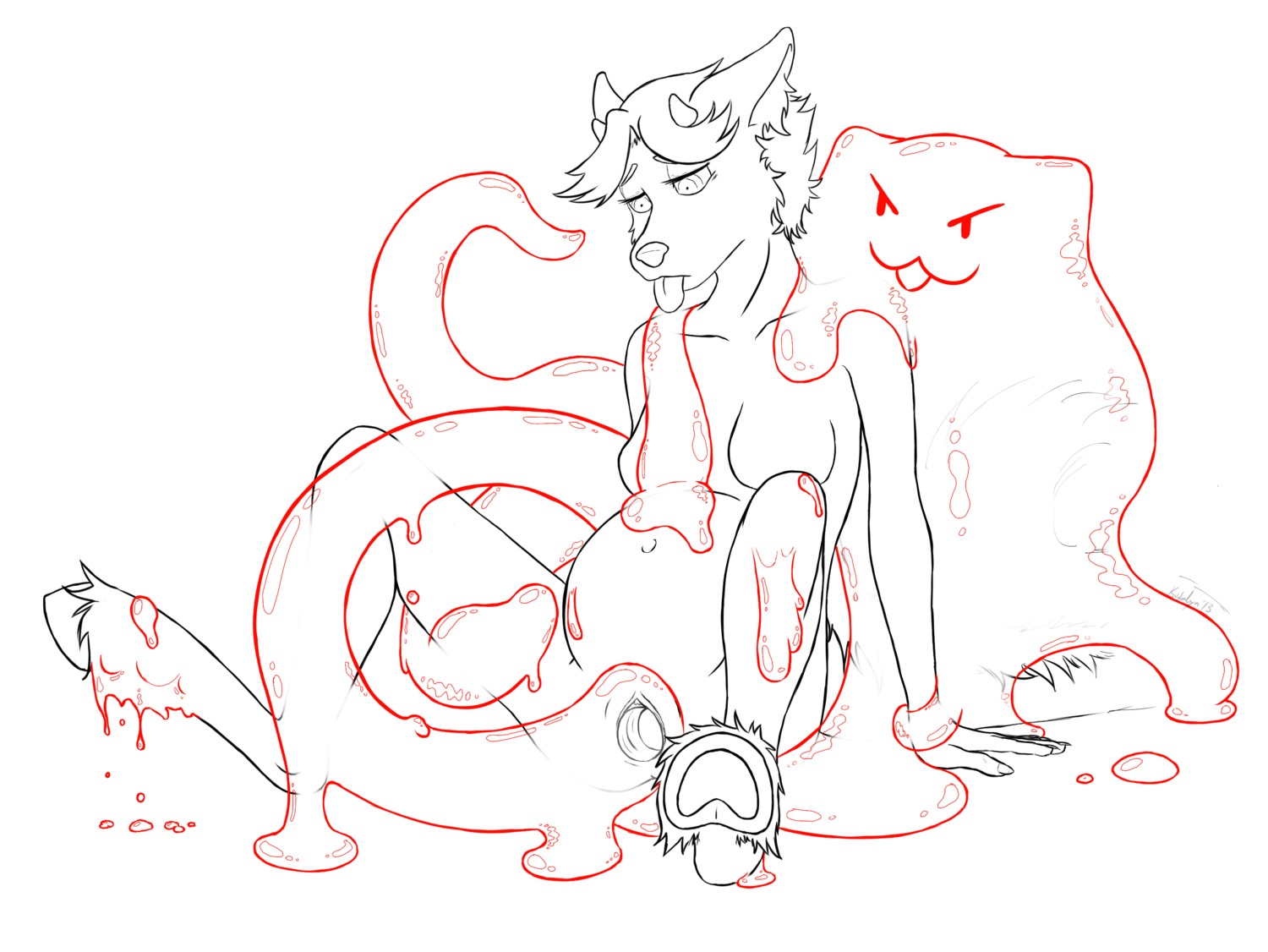 2013 black_and_white_and_red blush breasts duo e621 egg egg_insertion female goo_creature goo_ovipositor hi_res inflation inks kudalyn kyuu line_art oviposition ovipositor penetration sex slime spread_legs spreading tentacle_ovipositor tentacles tongue translucent translucent_body translucent_tentacles vaginal
