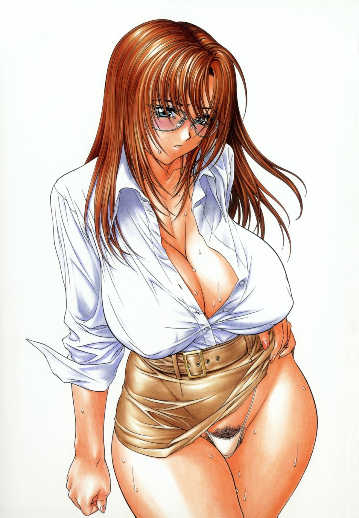 1girls absurd_res big_breasts blouse blush breasts brown_hair cameltoe cleavage copyright_request curvy dress_shirt erect_nipples eyelashes eyeliner female female_only glasses hi_res highleg highleg_panties highres hips huge_breasts inoue_takuya large_breasts lingerie long_hair makeup microskirt miniskirt nipples nipples_visible_through_clothing panties plump pubic_hair pussy rule34 shirt skirt skirt_lift sleeves_folded_up sweat thick_thighs thighs thong underwear white_panties wide_hips