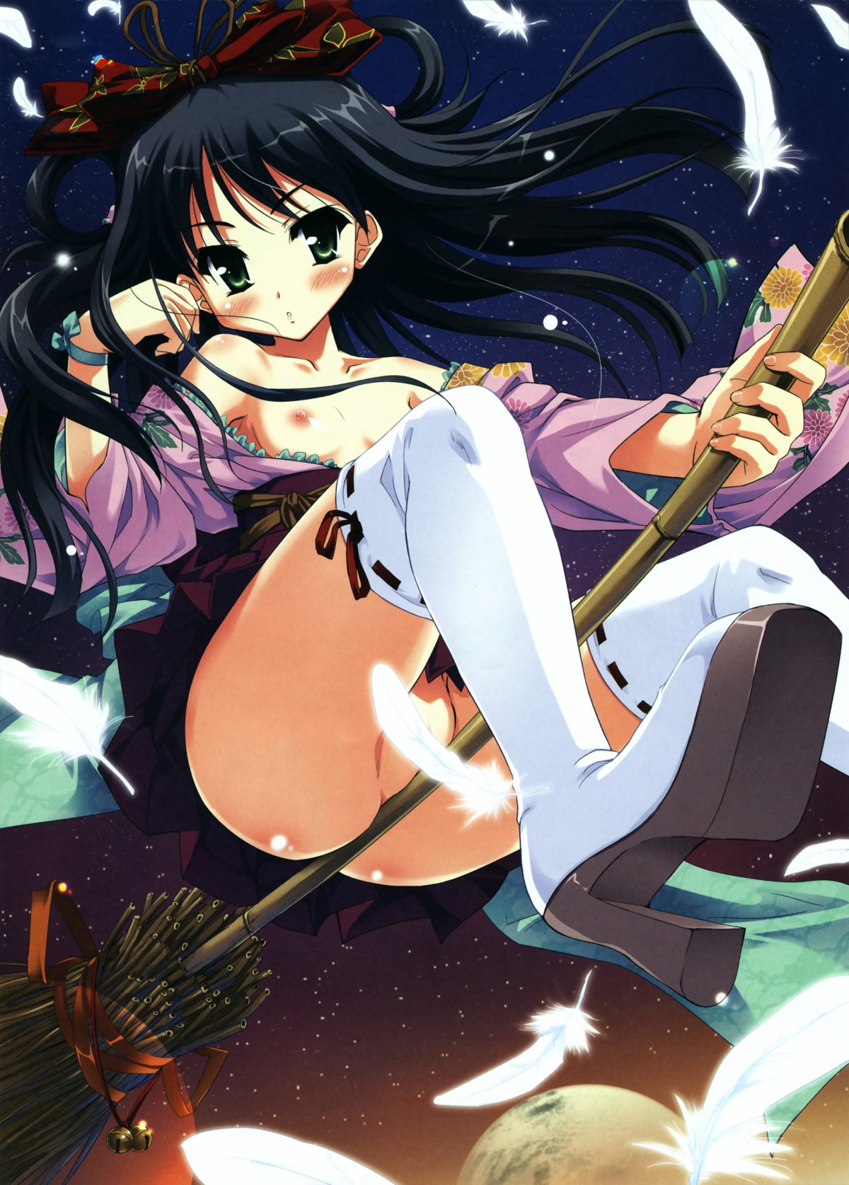 bells black_hair blush_lines convenient_censoring feathers female flat_chest green_eyes moon night nipples nopan open_clothes open_shirt oppai rule34 shirt stars stockings thighhighs tougarashi_hideyu upskirt witch witch_broom