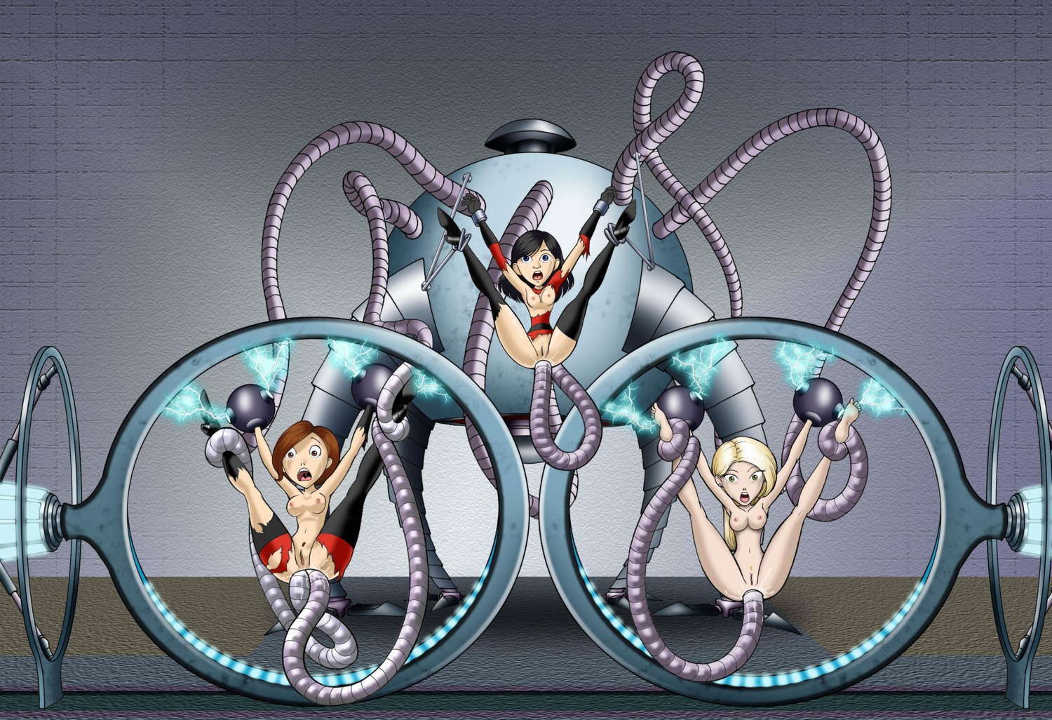 3girls anal arms_up artist_request blonde_hair blue_eyes bondage breasts disney double_anal elastigirl female helen_parr male medium_breasts mirage_(the_incredibles) mother_and_daughter multiple_females multiple_girls nipples omnidroid pixar pussy rape robot_boy rule34 sex_machine small_breasts smooth_skin superheroine suspension tentacle the_incredibles violet_parr