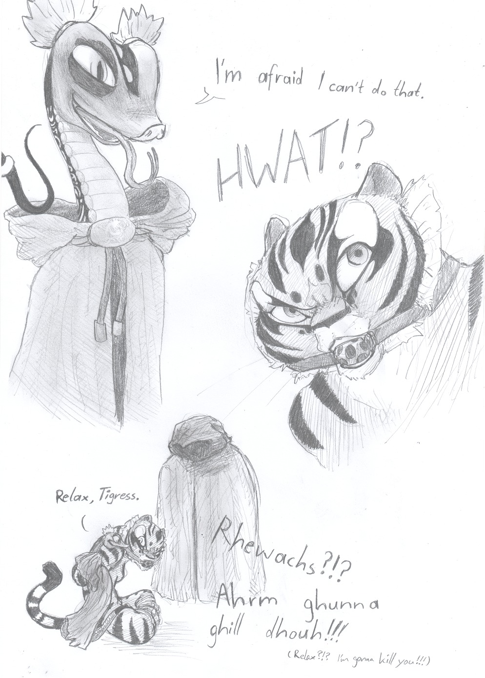 anthro comic dreamworks feline female kung_fu_panda master_tigress master_viper monochrome reptile rule34 scalie sketch snake tiger