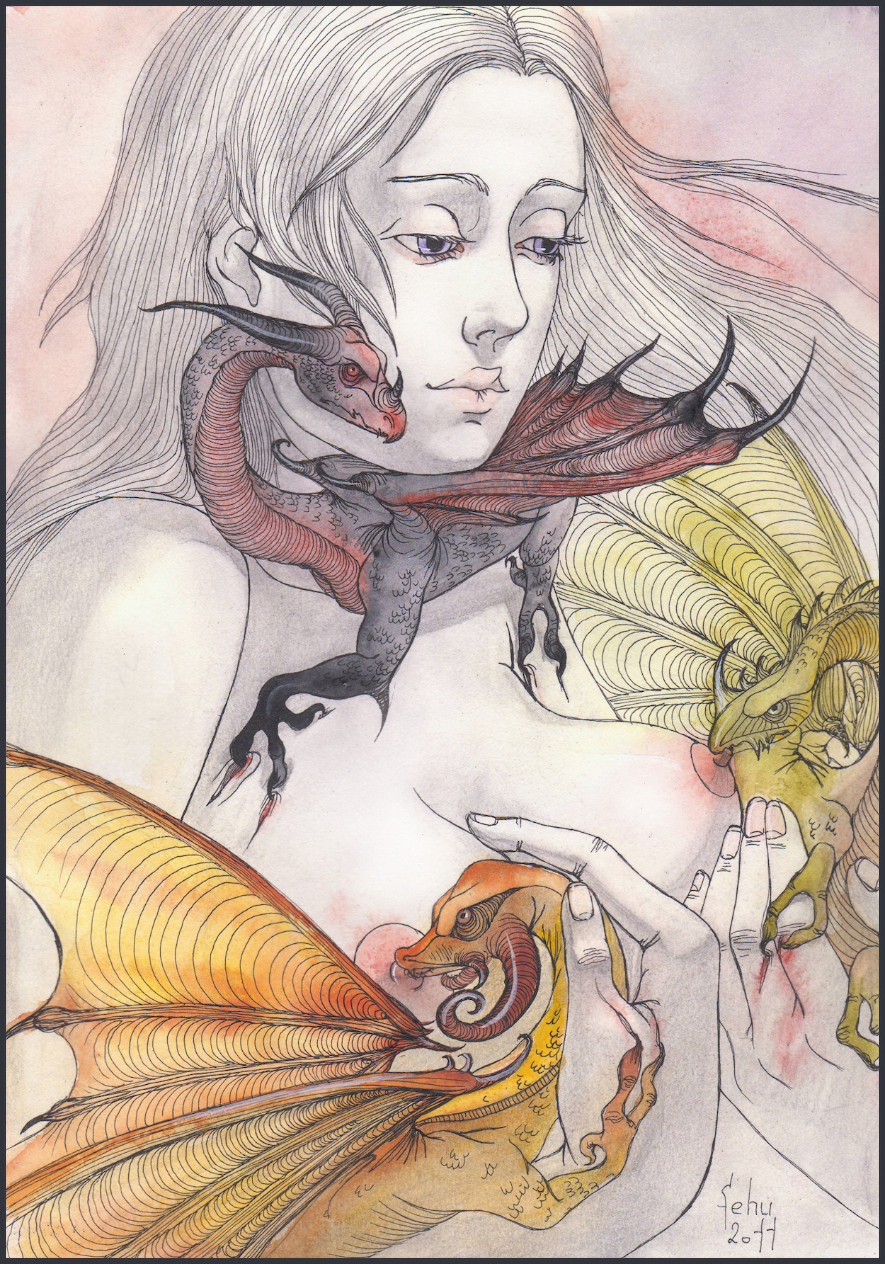 1girls 2d a_song_of_ice_and_fire biting_nipple breasts daenerys_targaryen dragon female game_of_thrones literature nipples purple_eyes rule34 sucking_nipples tagme