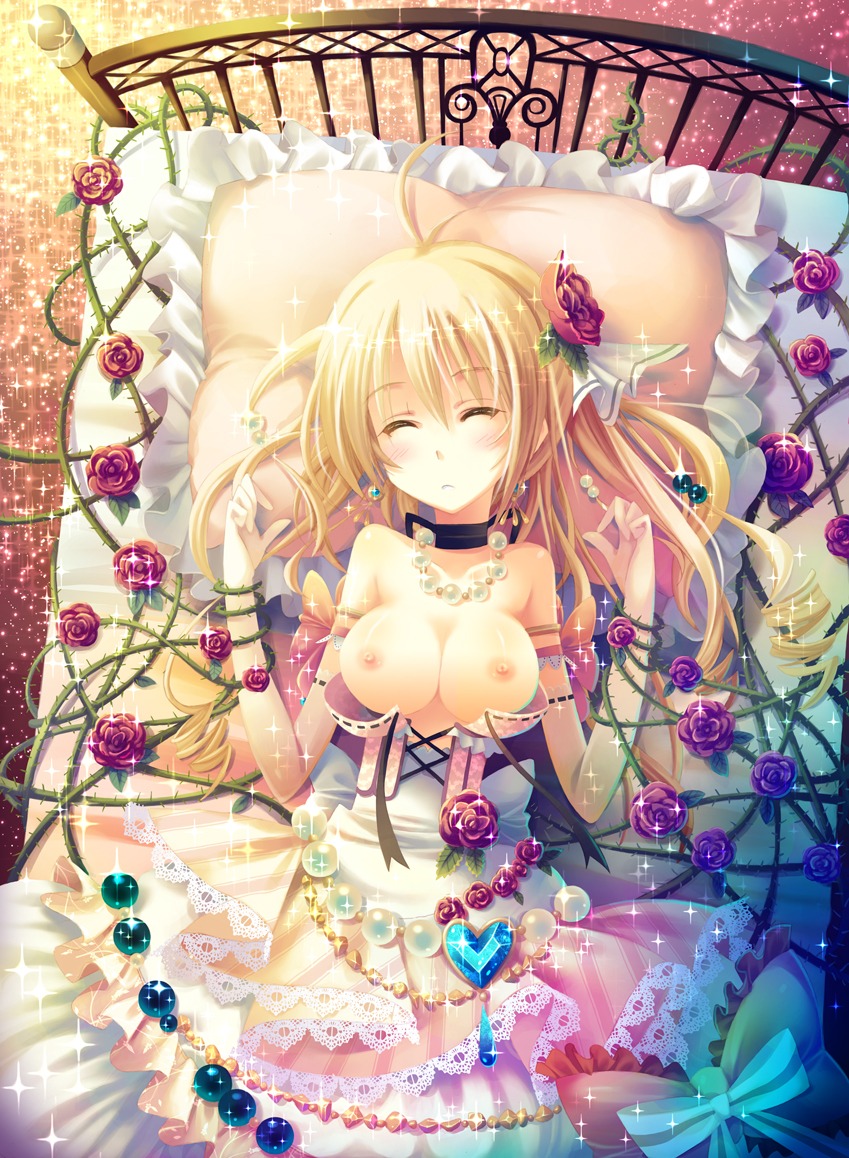 bare_shoulders bed breasts choker closed_eyes copyright_request corset dress elbow_gloves female flower gloves hair_ornament jewelry lying necklace pillow pointy_chin rose rule34 tied_hair twintails vines yamadori_yoshitomo