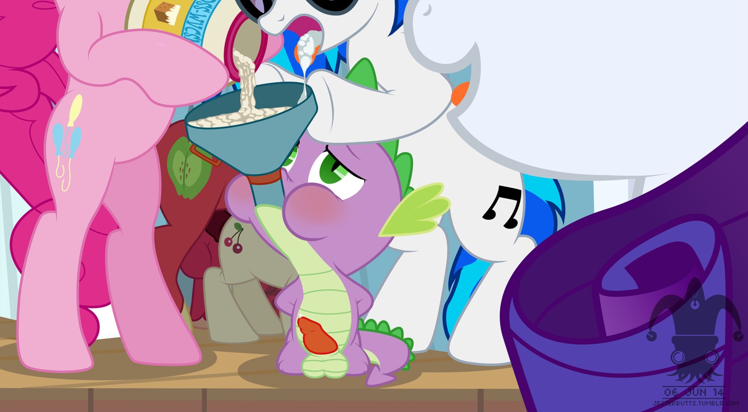 2014 all_fours animal_genitalia balls big_macintosh_(mlp) blargsnarf bodily_fluids cherry_jubilee_(mlp) cum cum_in_mouth cum_inside cutie_mark digital_media_(artwork) doggystyle dragon drinking drinking_cum e621 earth_pony equid equine erection eyewear female feral friendship_is_magic from_behind_position genital_fluids genitals glasses group hands_behind_back hasbro hi_res horn horse kneeling male male/female mammal my_little_pony mythological_creature mythological_equine mythological_scalie mythology open_mouth penetration penis pinkie_pie_(mlp) pony rarity_(mlp) scalie sex smile spike_(mlp) tail unicorn vinyl_scratch_(mlp)