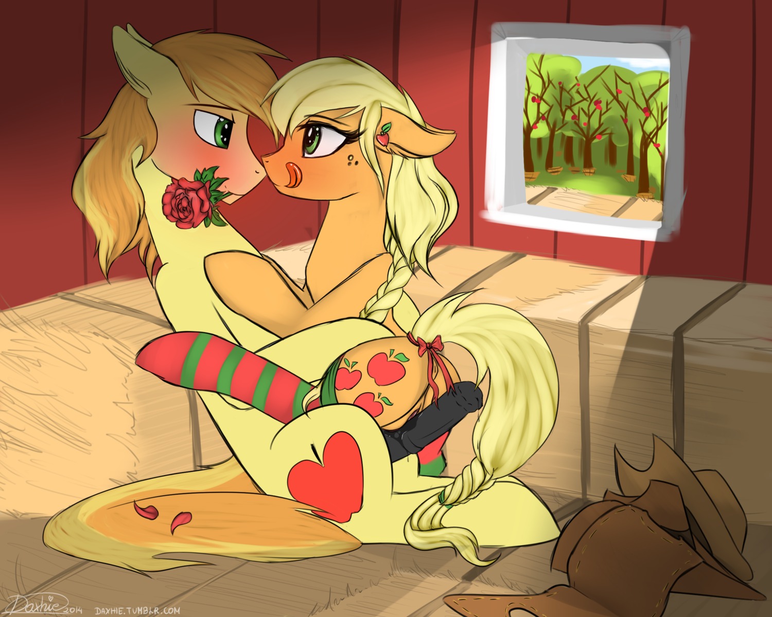 2014 5:4 animal_genitalia animal_penis anus applejack_(mlp) blonde_hair blush bodily_fluids braeburn_(mlp) clothing cousins_(lore) cowboy_hat cutie_mark daxhie detailed_background duo e621 ear_piercing earth_pony equid equine equine_genitalia equine_penis erection female feral flower flower_in_mouth freckles friendship_is_magic fur genital_fluids genitals green_eyes hair hasbro hat hay headgear headwear hi_res horse incest_(lore) inside legwear male male/female mammal mostly_nude my_little_pony nude orange_body orange_fur penis piercing plant pony rose_(flower) rose_in_mouth stockings tongue tongue_out tree vaginal_fluids vulva yellow_body yellow_fur