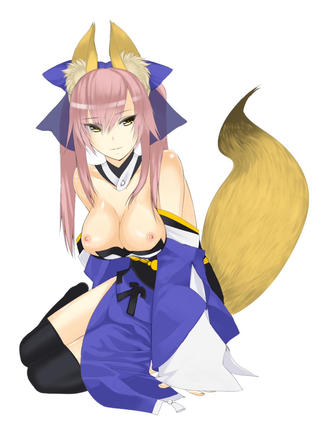 animal_ears animal_tail breasts breasts_out fate/extra fate/grand_order fate_(series) female pink_hair playable_caster_(fate/extra) rule34 sitting tamamo_no_mae_(fate) thighhighs yellow_eyes
