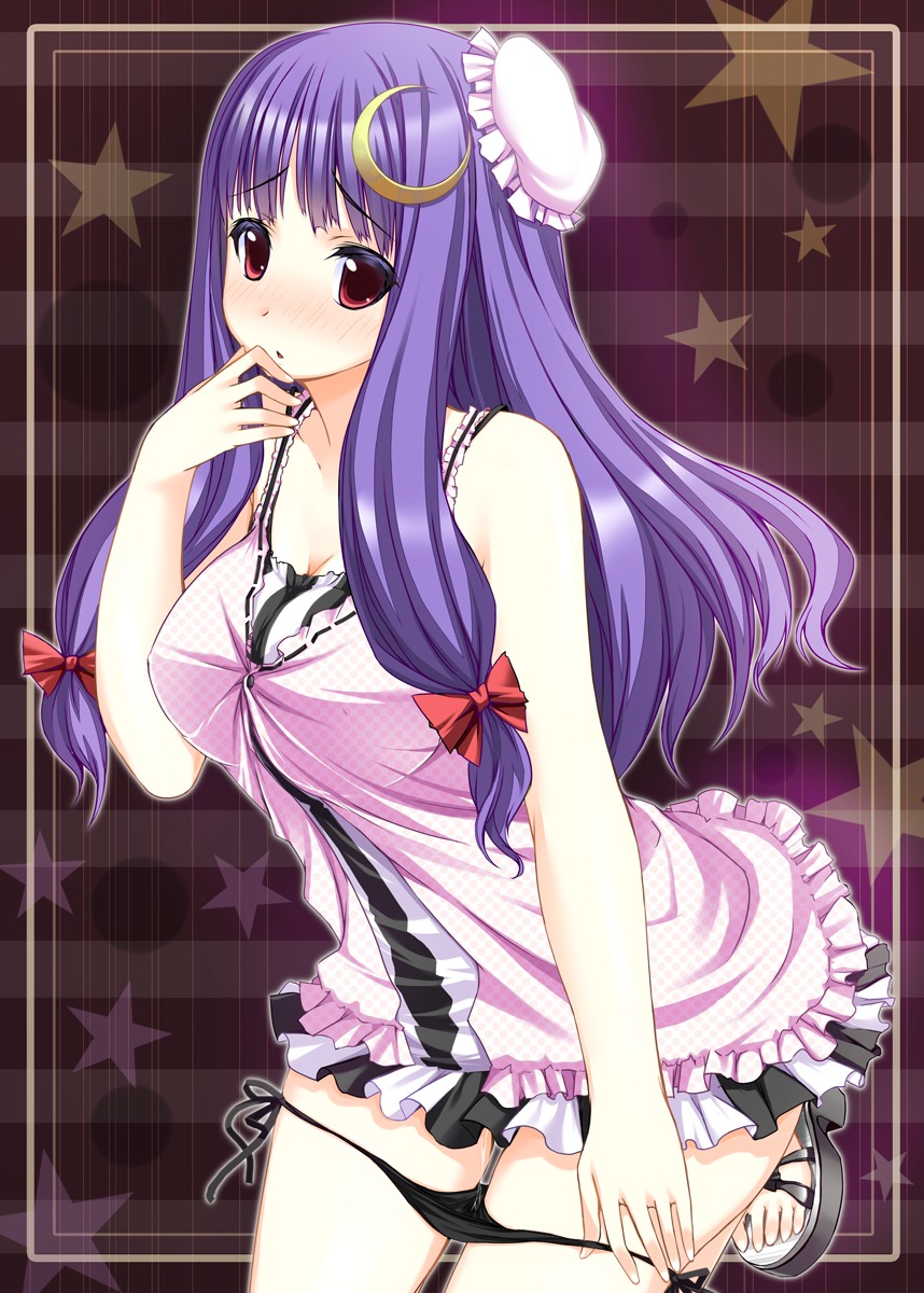 female highres kaneru long_hair panties panty_pull patchouli_knowledge purple_hair pussy pussy_juice pussy_juice_trail red_eyes rule34 sandals side-tie_panties star striped touhou underwear wet_pussy