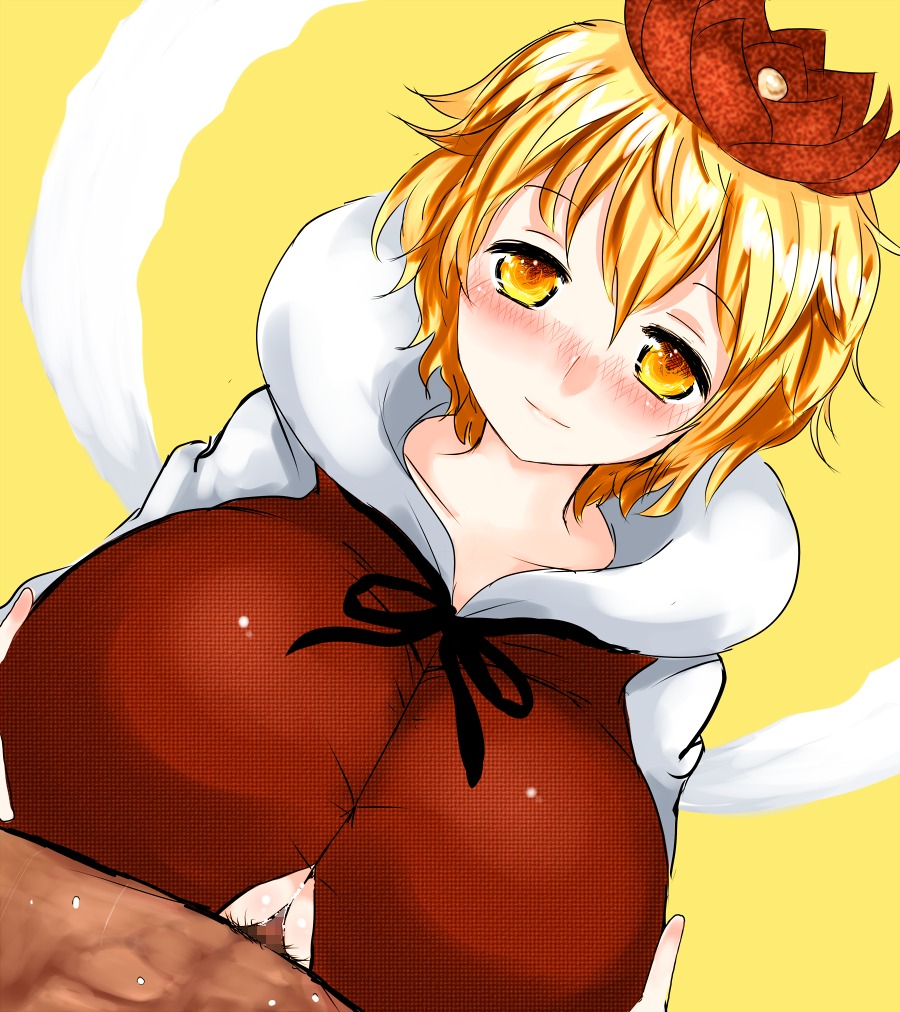 blonde_hair blush breasts censored dark-skinned_male dark_skin female han64 han_(jackpot) hat huge_breasts male paizuri paizuri_under_clothes penis rule34 short_hair smile toramaru_shou touhou yellow_eyes
