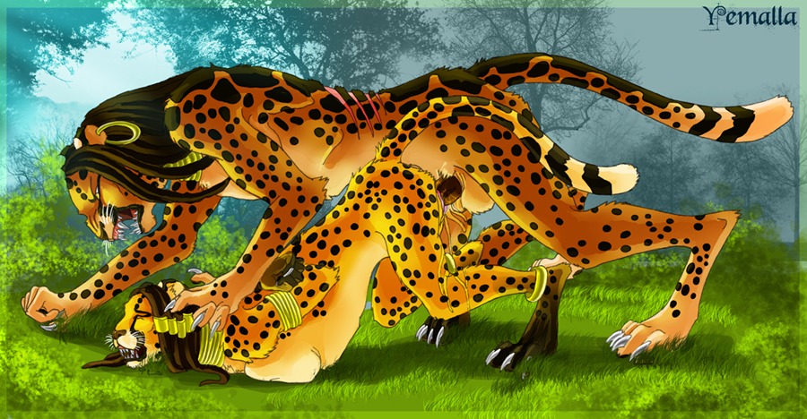 all_fours anthro balls bodily_fluids bound cheetah claw_marks claws cum detailed_background doggystyle dominant duo e621 erection eyes_closed felid feline female forced forest from_behind_position genital_fluids genitals king_cheetah male male/female mammal nature nude outside penis plant rape scar sex size_difference snarling tail tree wood yemalla