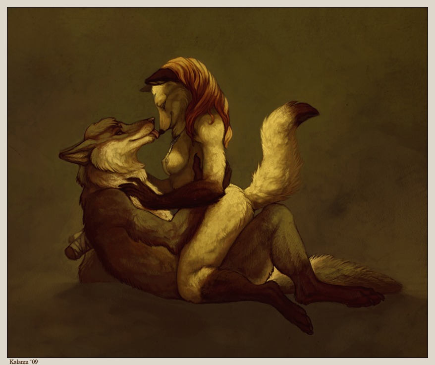 2009 anthro bandage border breasts canid canine canis cowgirl_position duo e621 evenfall eyes_closed female fox from_front_position joon_storm kalamu licking licking_nose love male male/female mammal nipples nude on_bottom on_top romantic romantic_couple sex simple_background straddling tail tongue tongue_out wing_stubs wolf wolftale yellow_border