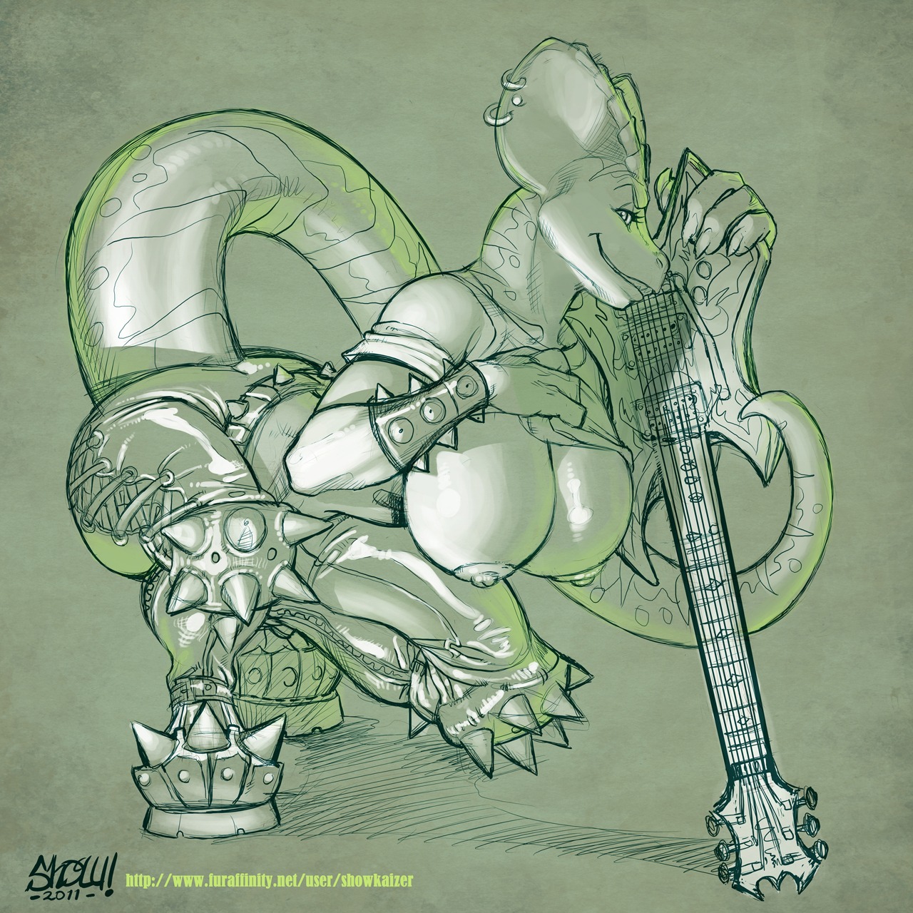 2011 anthro belt big_breasts boots bracelet breasts claws clothes dilophosaurus dinosaur dylian_hailford electric_guitar female furry guitar hanging_breasts huge_breasts jewelry knee_pads lizard looking_at_viewer metal nipples pants piercing pose reptile rocker rule34 scalie shirt shirt_lift showkaizer solo spikes tail thighs tight_clothes topless